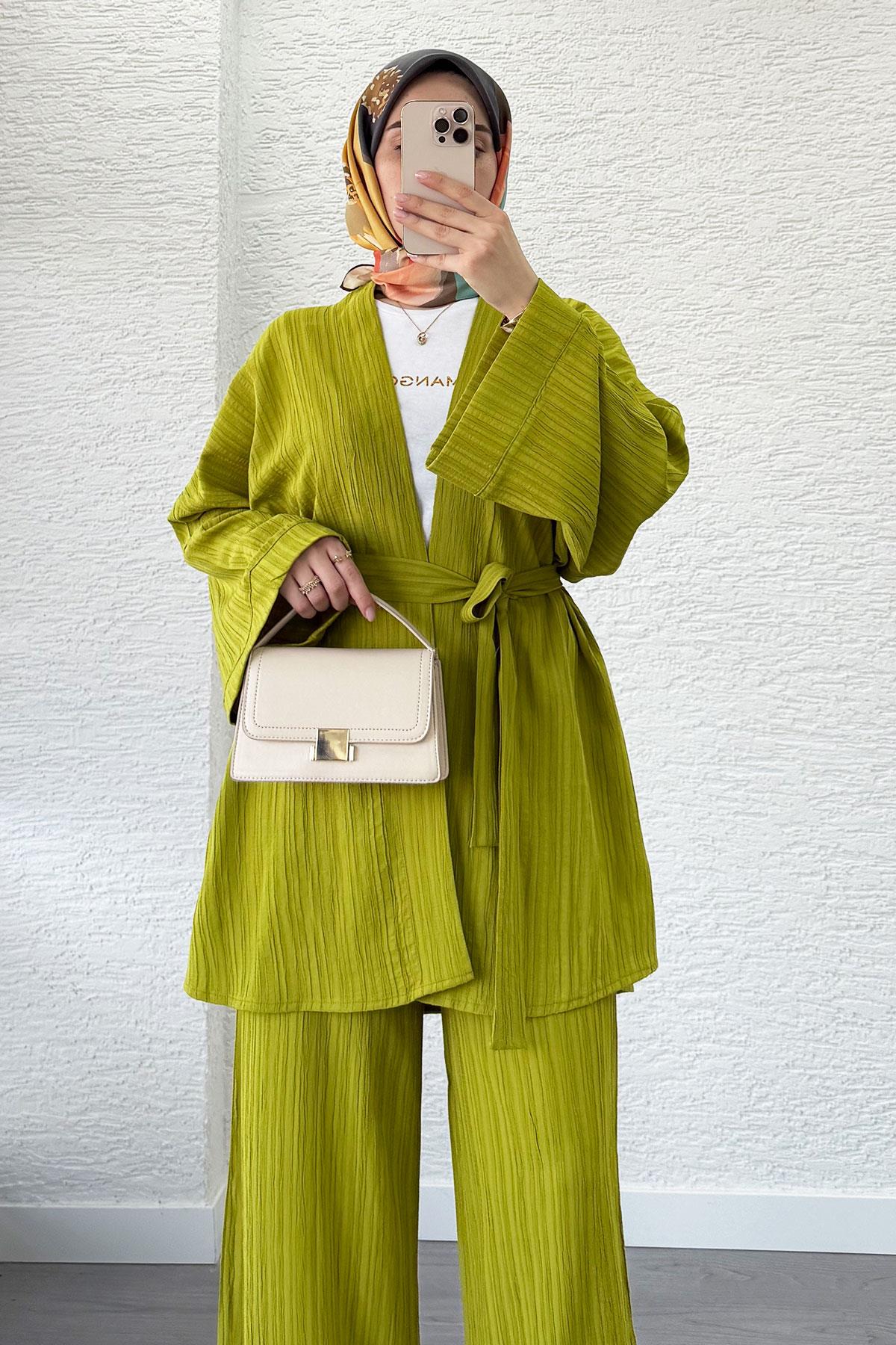 Nihan Kimono Pantolon Takım-Yağ Yeşili