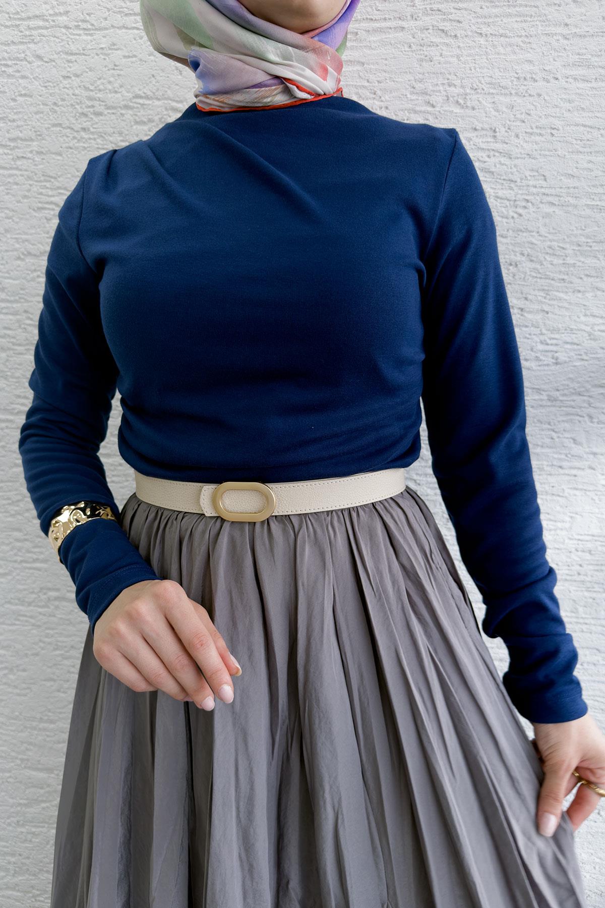 Omuz Drapeli Kadın Bluz-Lacivert