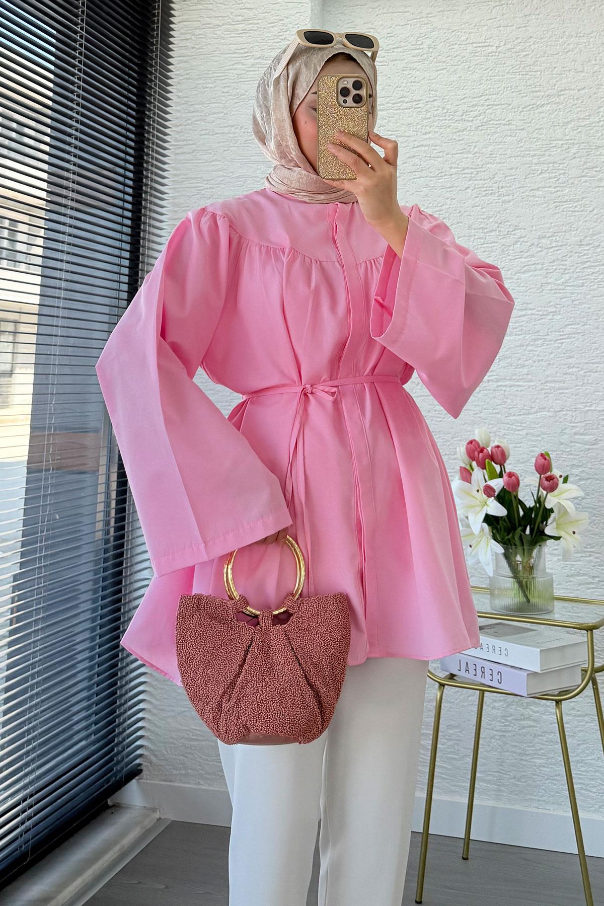 Ön Arka Büzgü Detaylı Volan Kol Poplin Tunik – Pembe