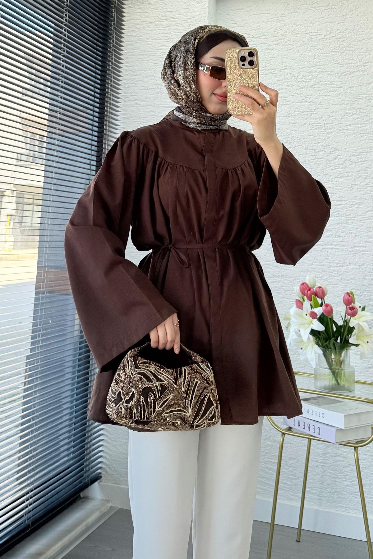 Ön Arka Büzgü Detaylı Volan Kol Poplin Tunik – Kahverengi
