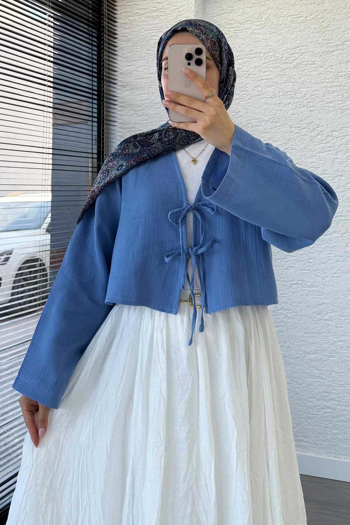 Önden Bağlamalı Kısa Müslin Kimono - İndigo