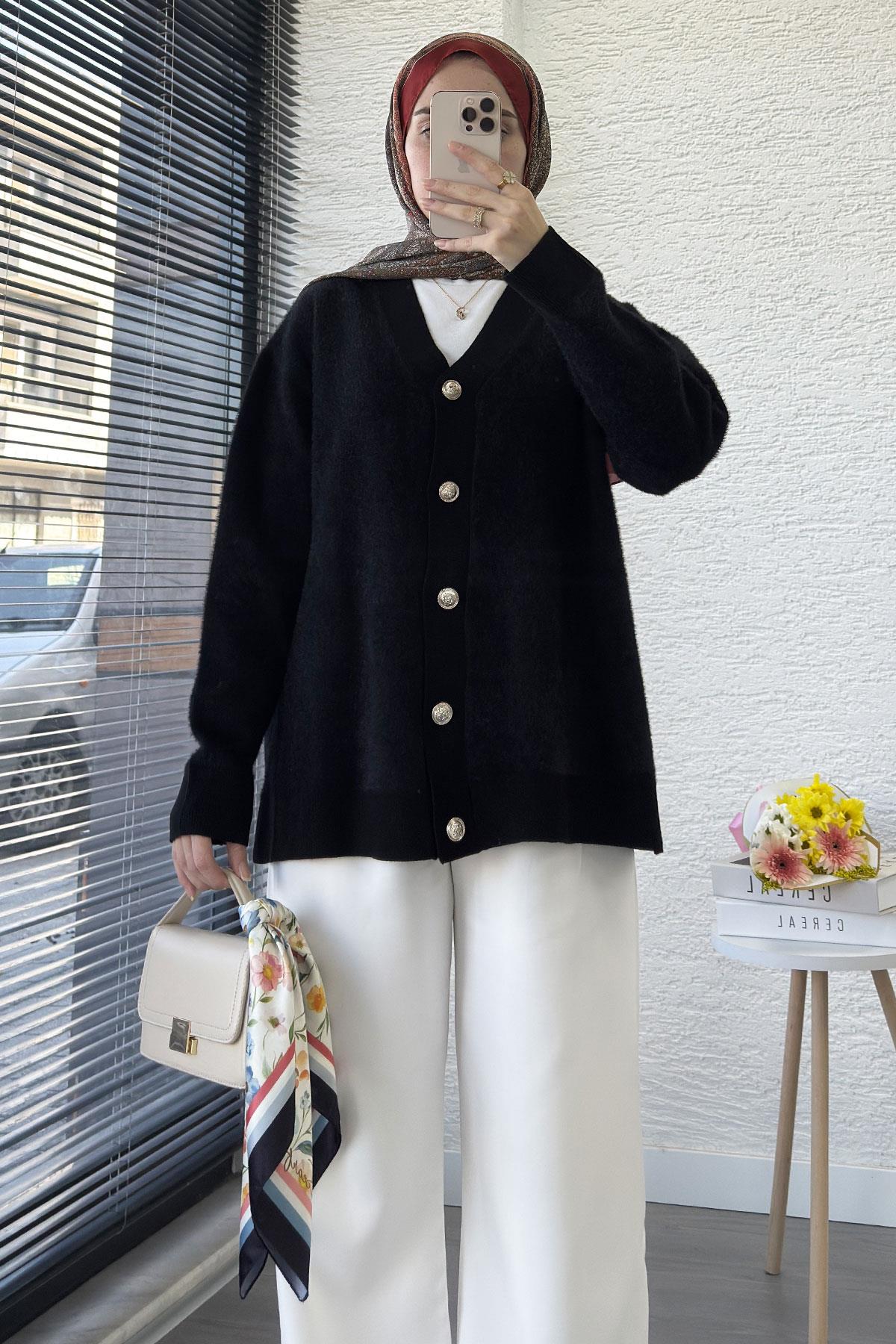 Önden Düğmeli Triko Kadın Hırka – Siyah