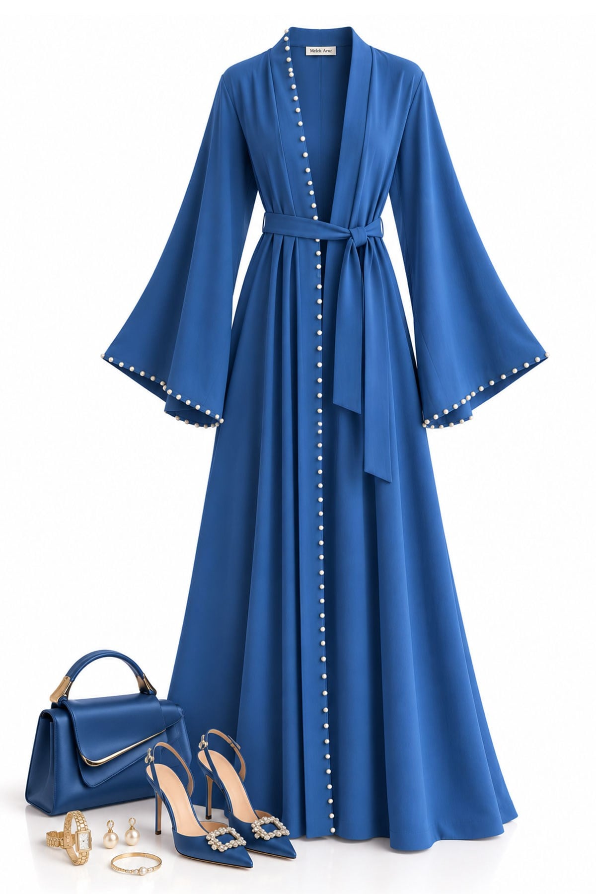 Önden Ve Kolları İnci Detaylı Abaya - Saks