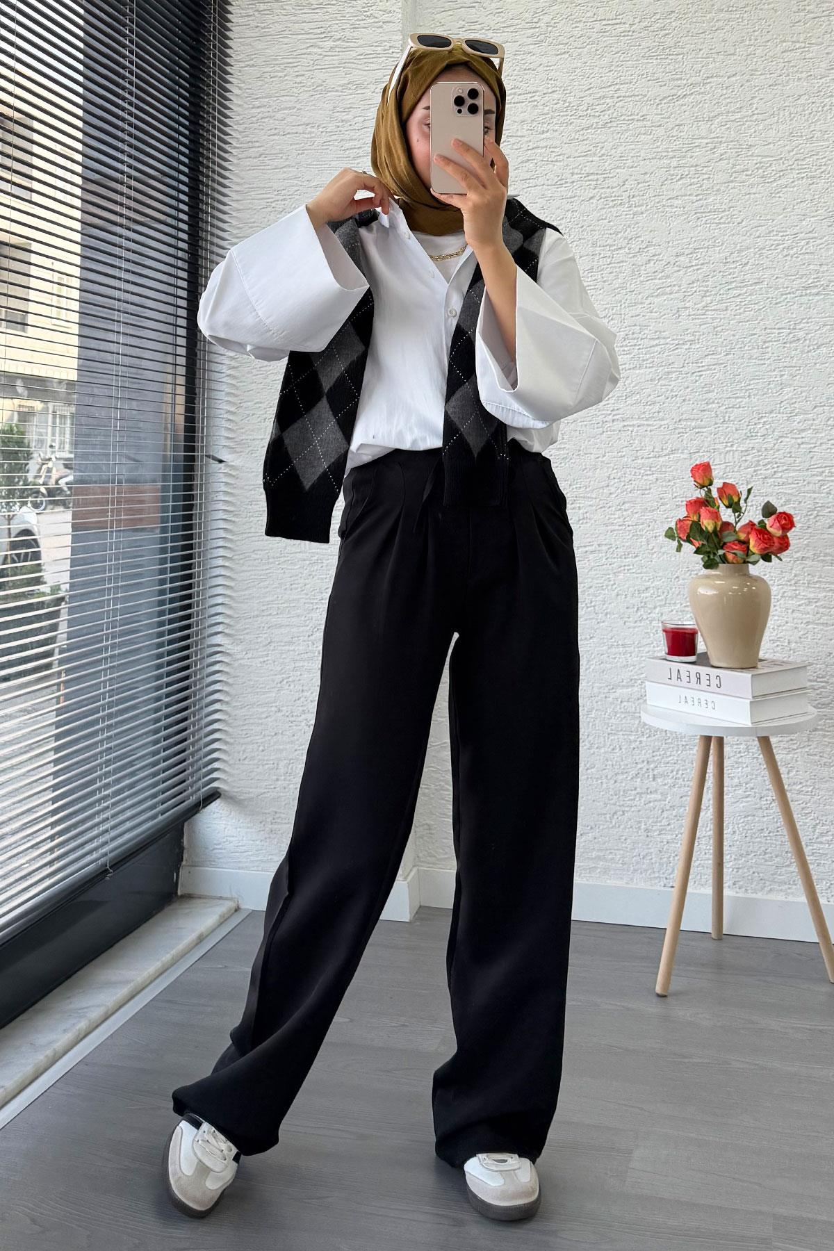 Önü Bağcıklı Yüksek Bel Palazzo Pantolon – Siyah