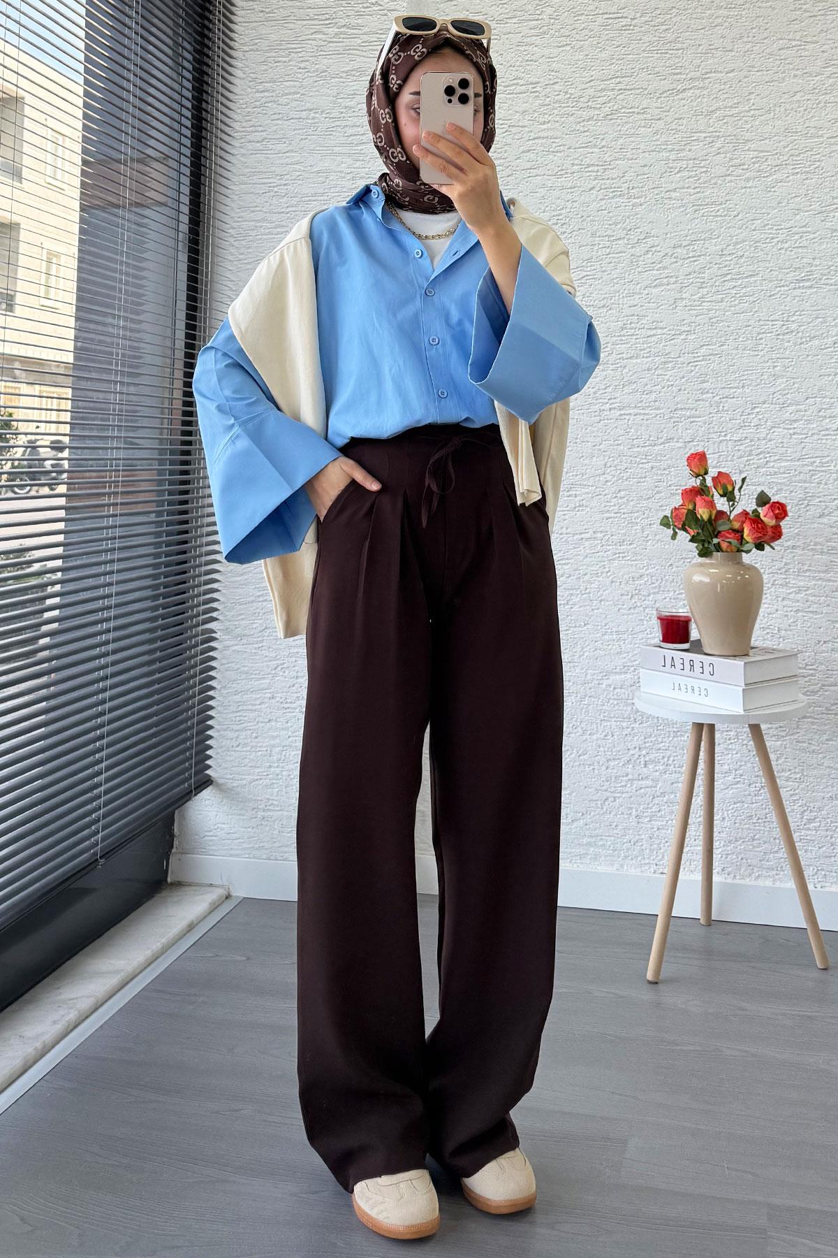 Önü Bağcıklı Yüksek Bel Palazzo Pantolon – Kahverengi