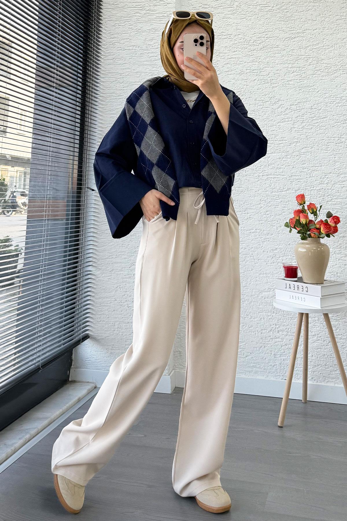 Önü Bağcıklı Yüksek Bel Palazzo Pantolon – Krem