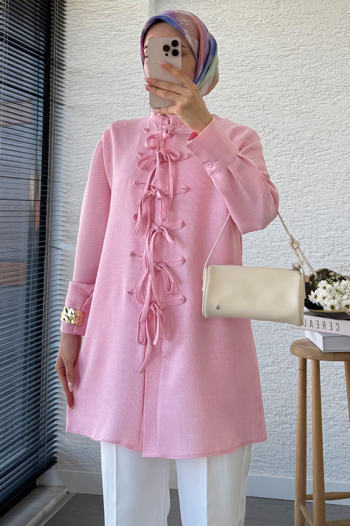 Önü Bağlama Detaylı Gofre Tunik - Pembe