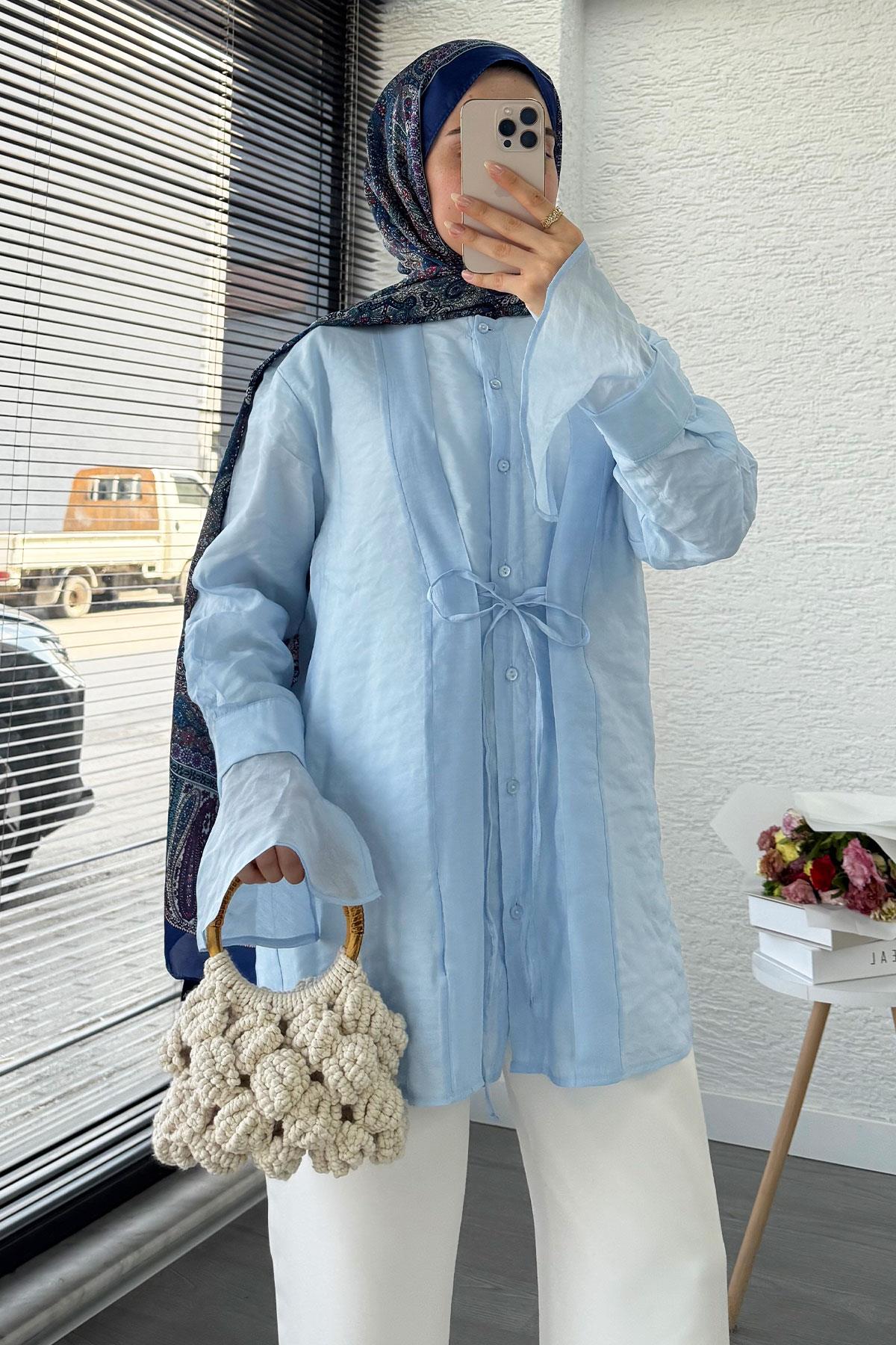 Önü Bağlamalı Vual Tunik – Mavi