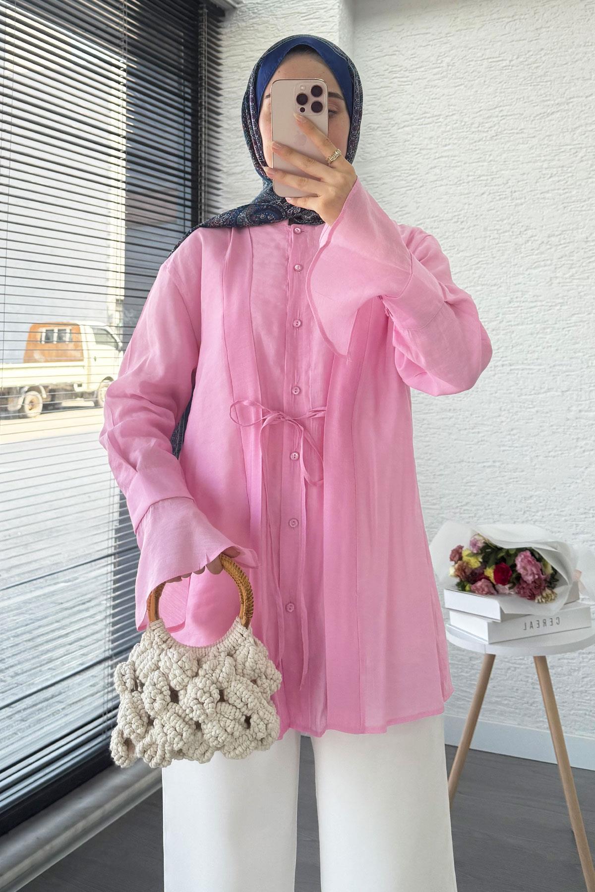 Önü Bağlamalı Vual Tunik – Pembe 