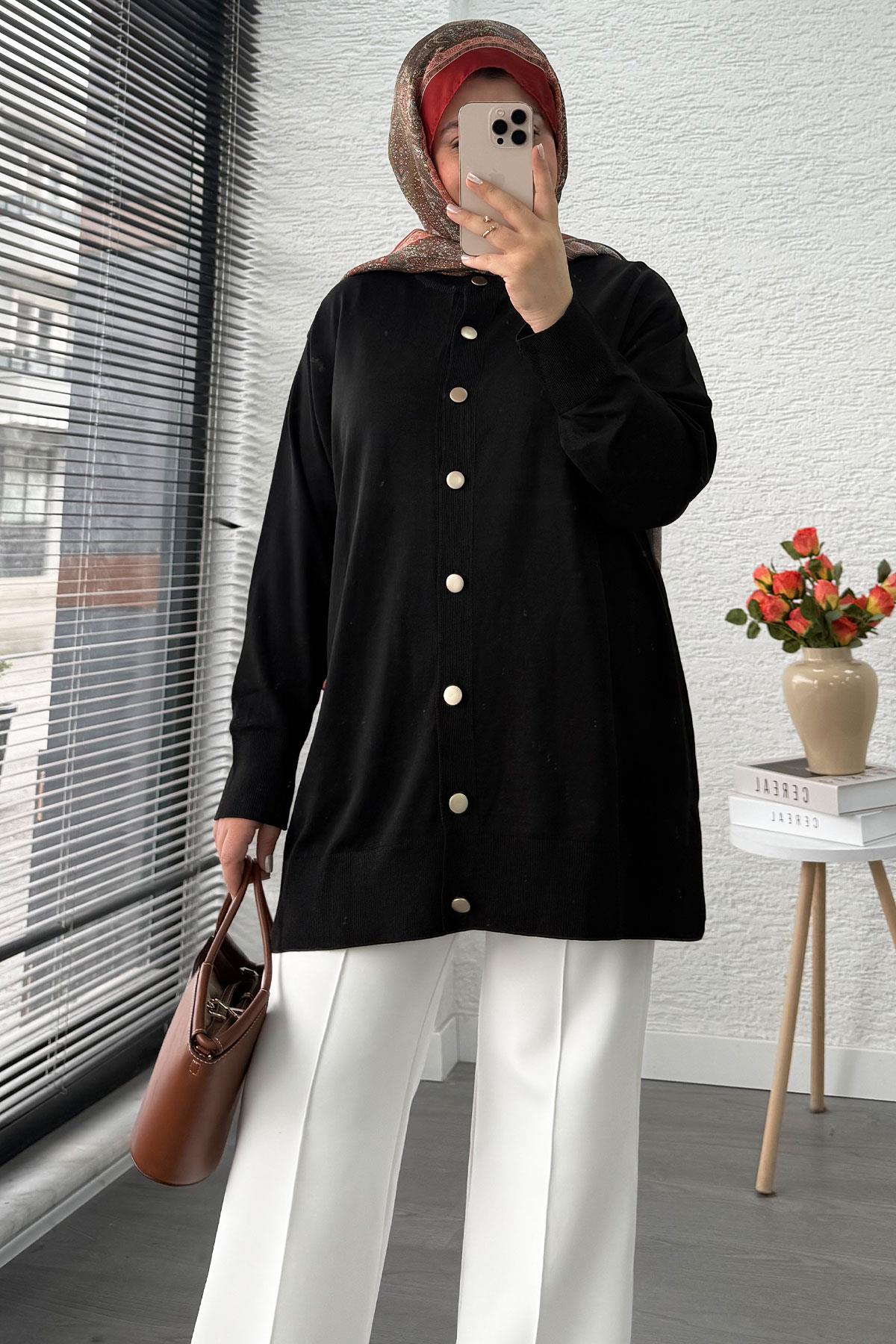 Önü Boydan Düğmeli Merserize Kadın Tunik – Siyah