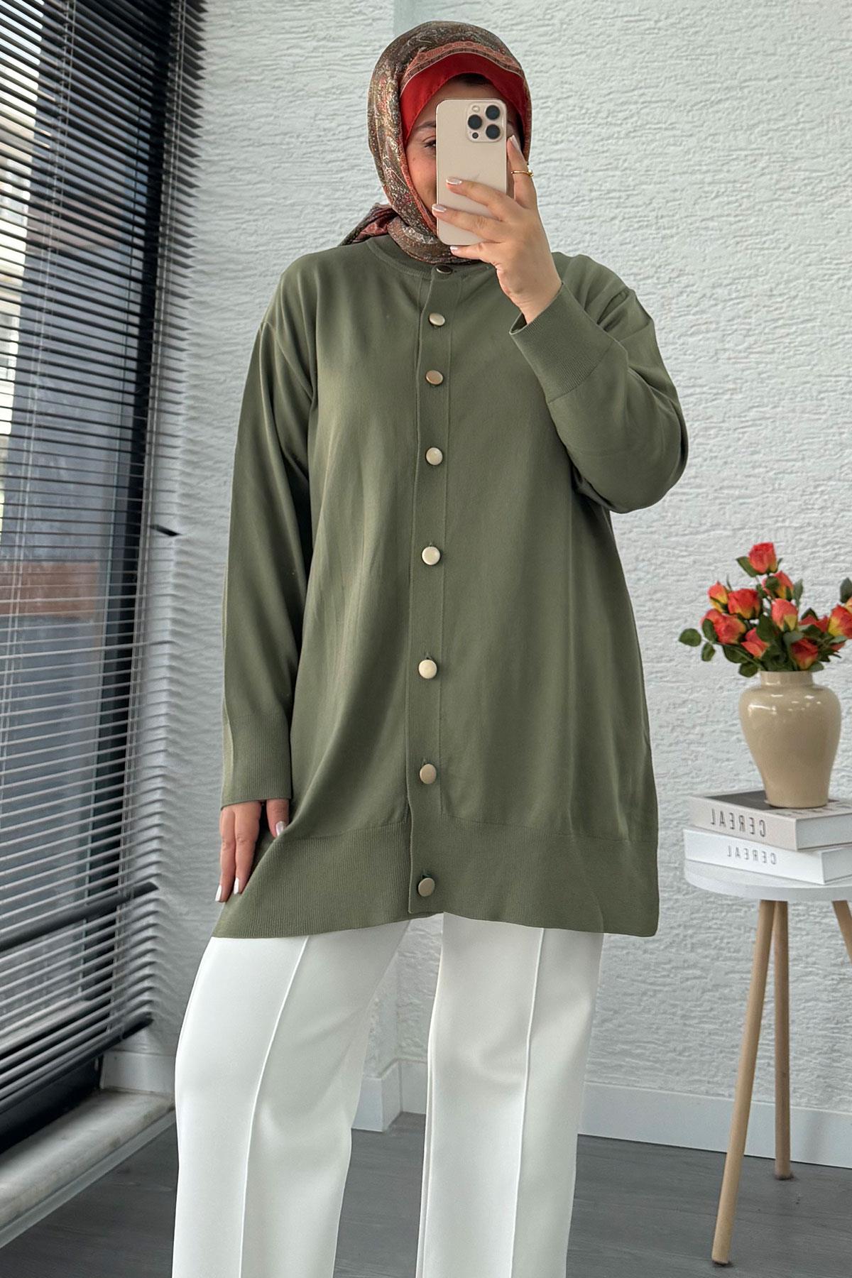 Önü Boydan Düğmeli Merserize Kadın Tunik – Haki