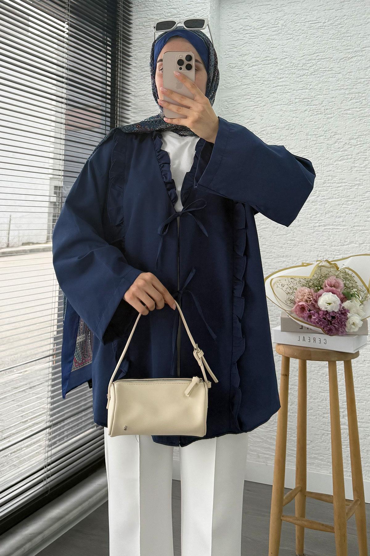 Önü Fırfır Detaylı Poplin Kimono – Lacivert