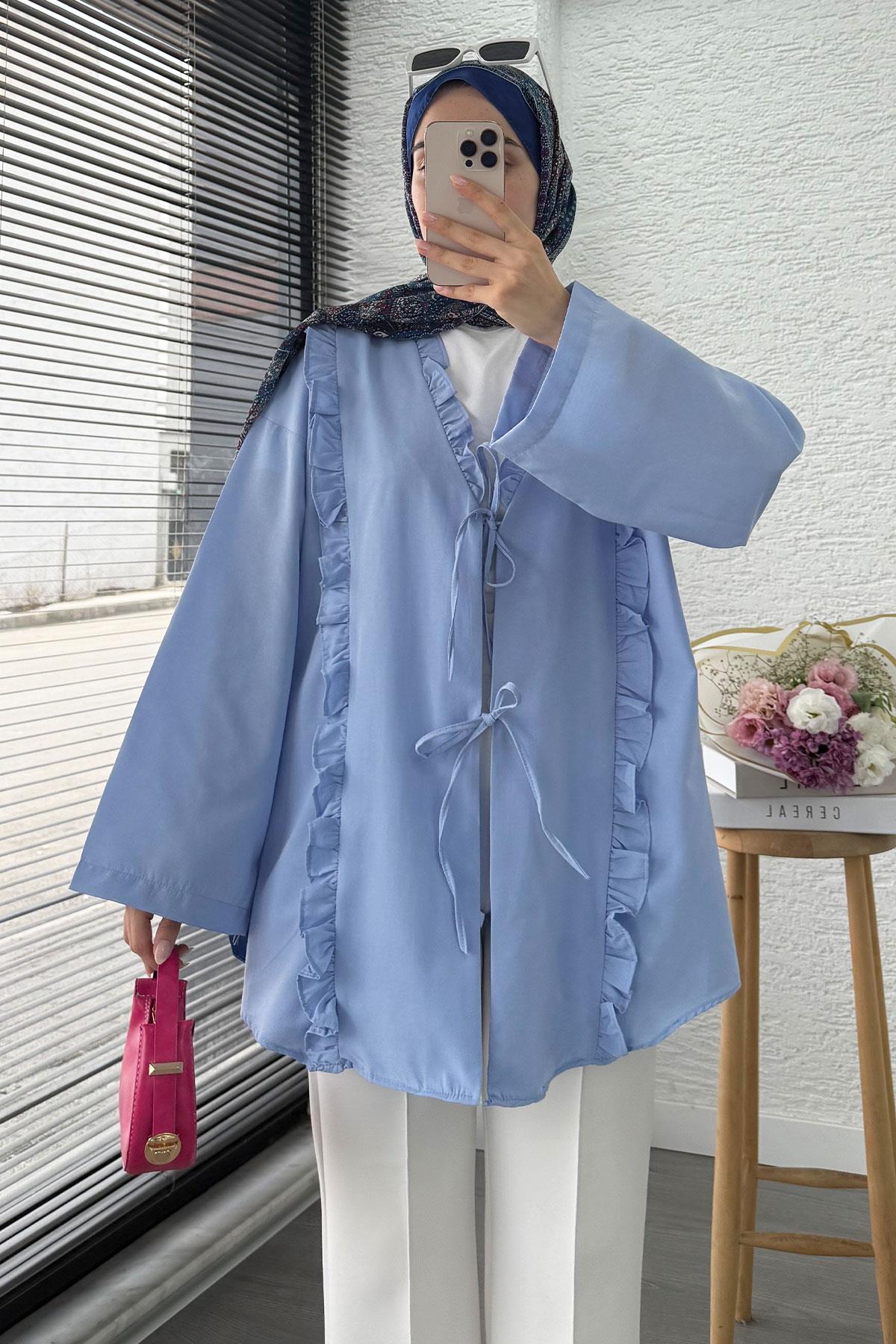 Önü Fırfır Detaylı Poplin Kimono – Mavi