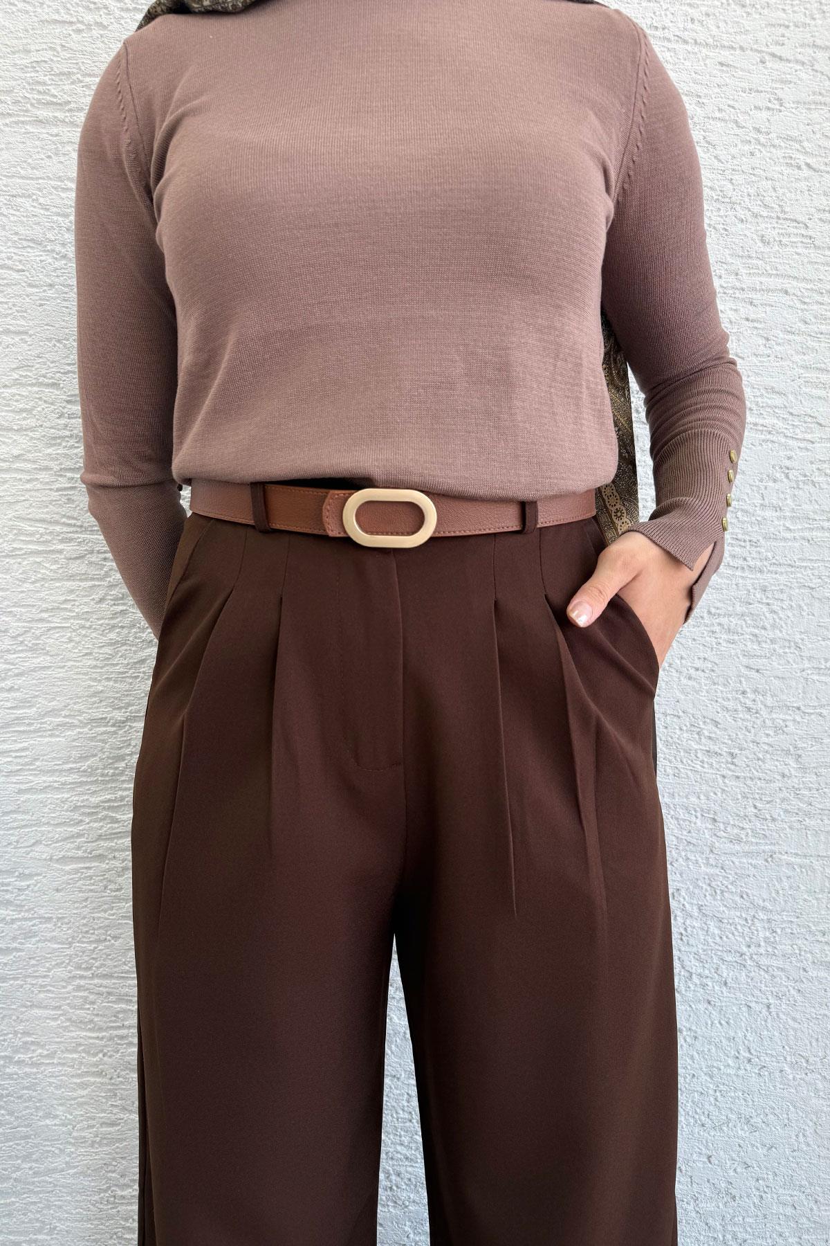 Önü Pile Detaylı Palazzo Kadın Pantolon - Kahverengi