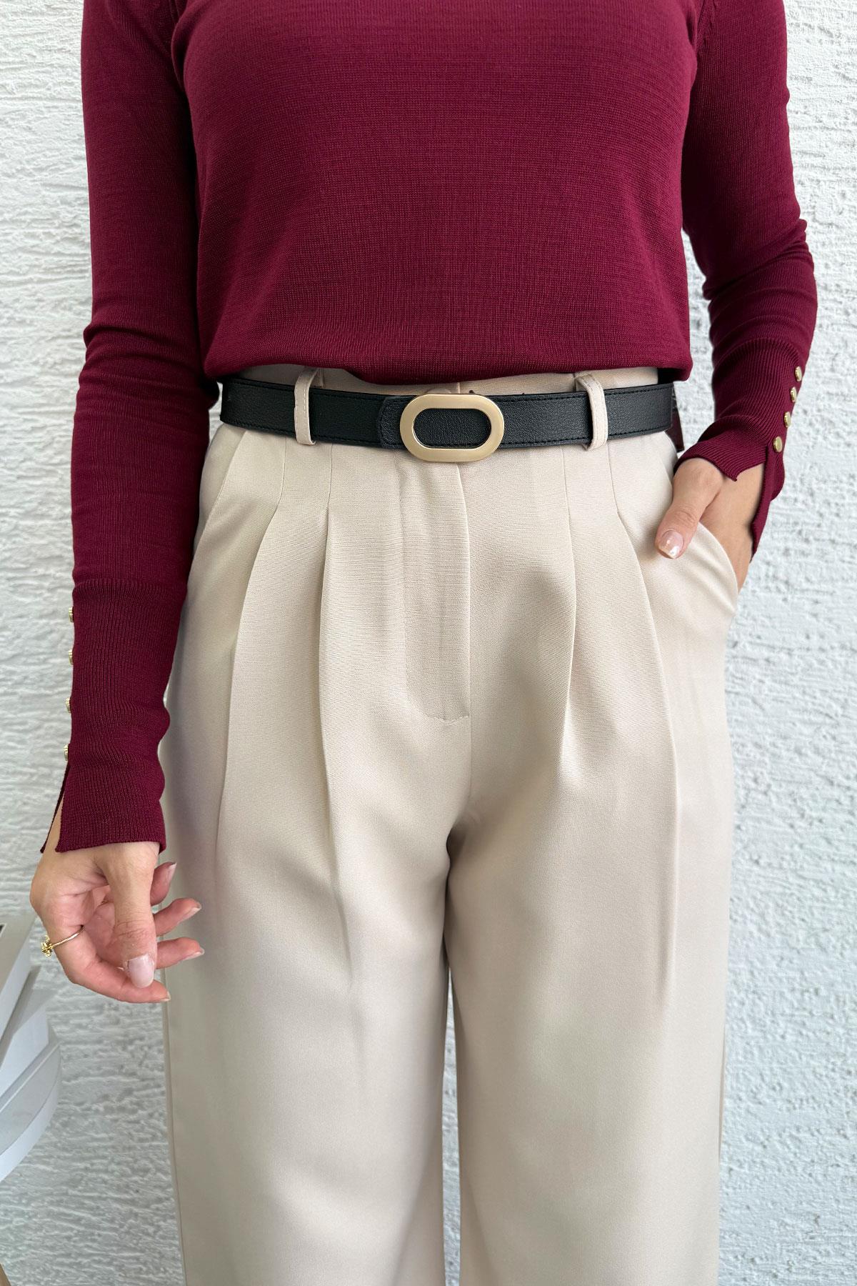 Önü Pile Detaylı Palazzo Kadın Pantolon - Krem