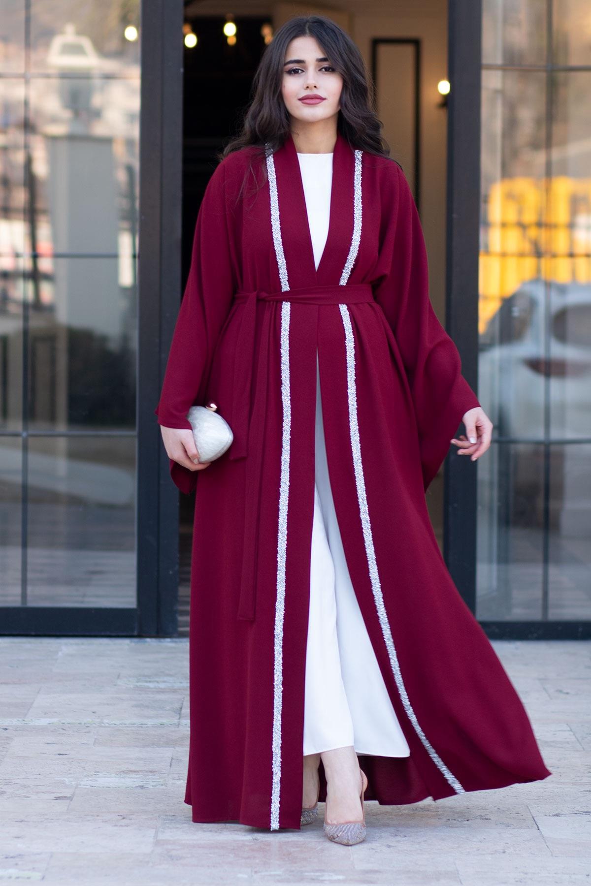 Önü Taş Şeritli Abaya-Bordo