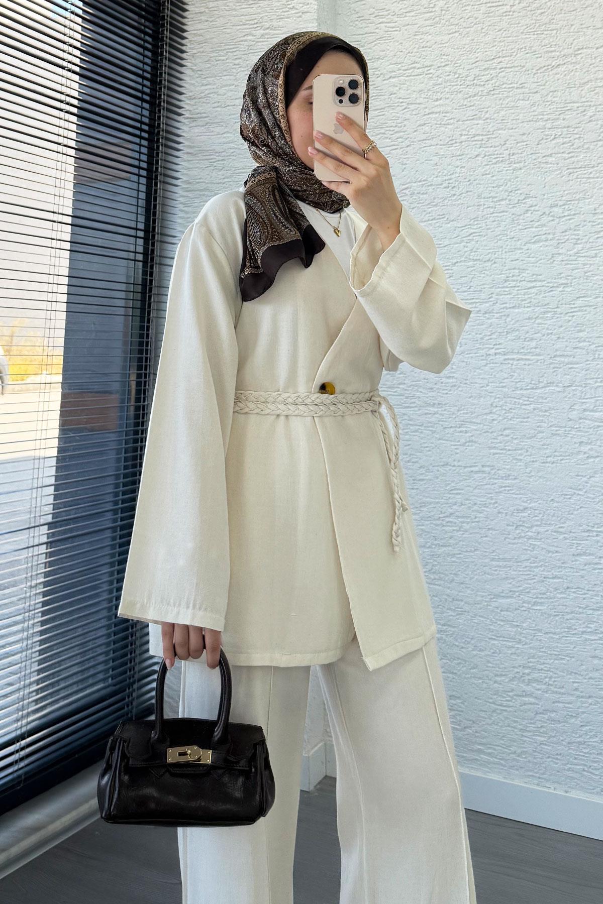 Örgü Kemerli Keten Kimono Takım - Ekru
