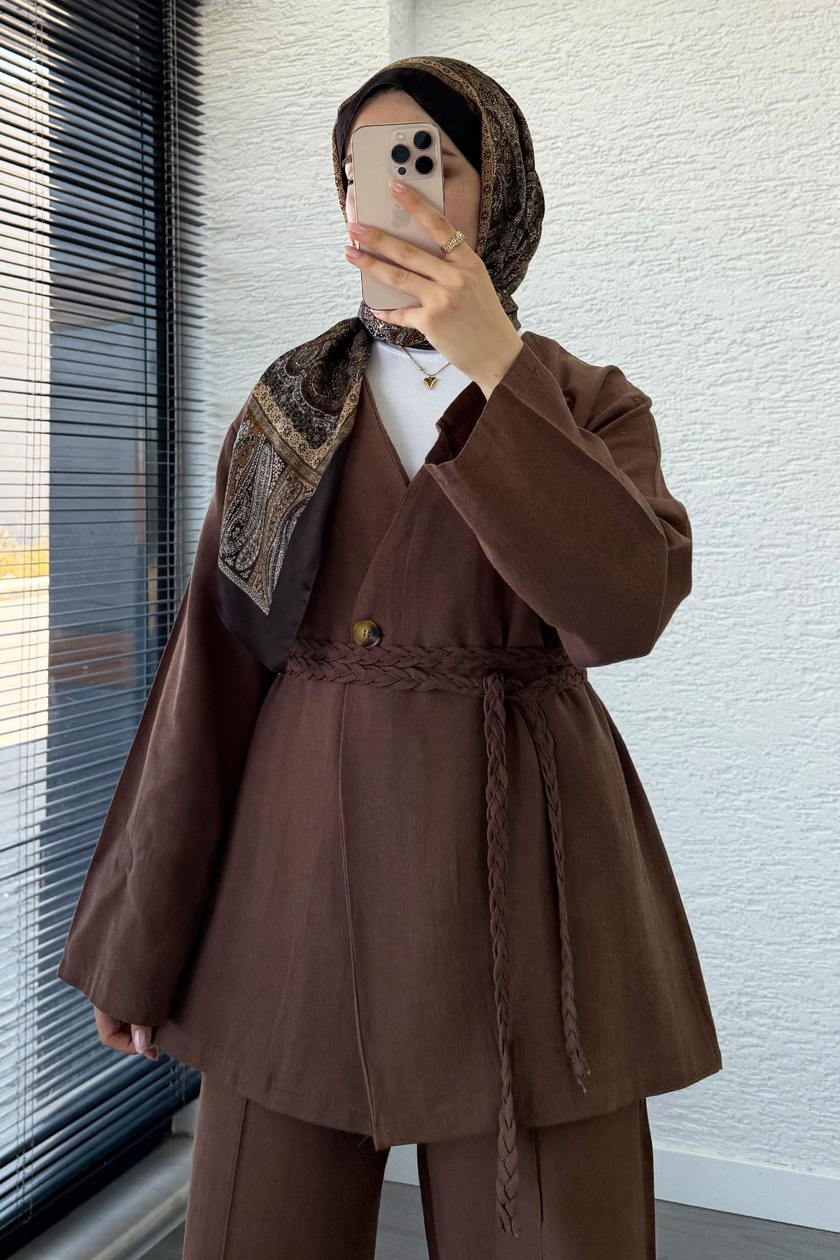 Örgü Kemerli Keten Kimono Takım - Kahverengi