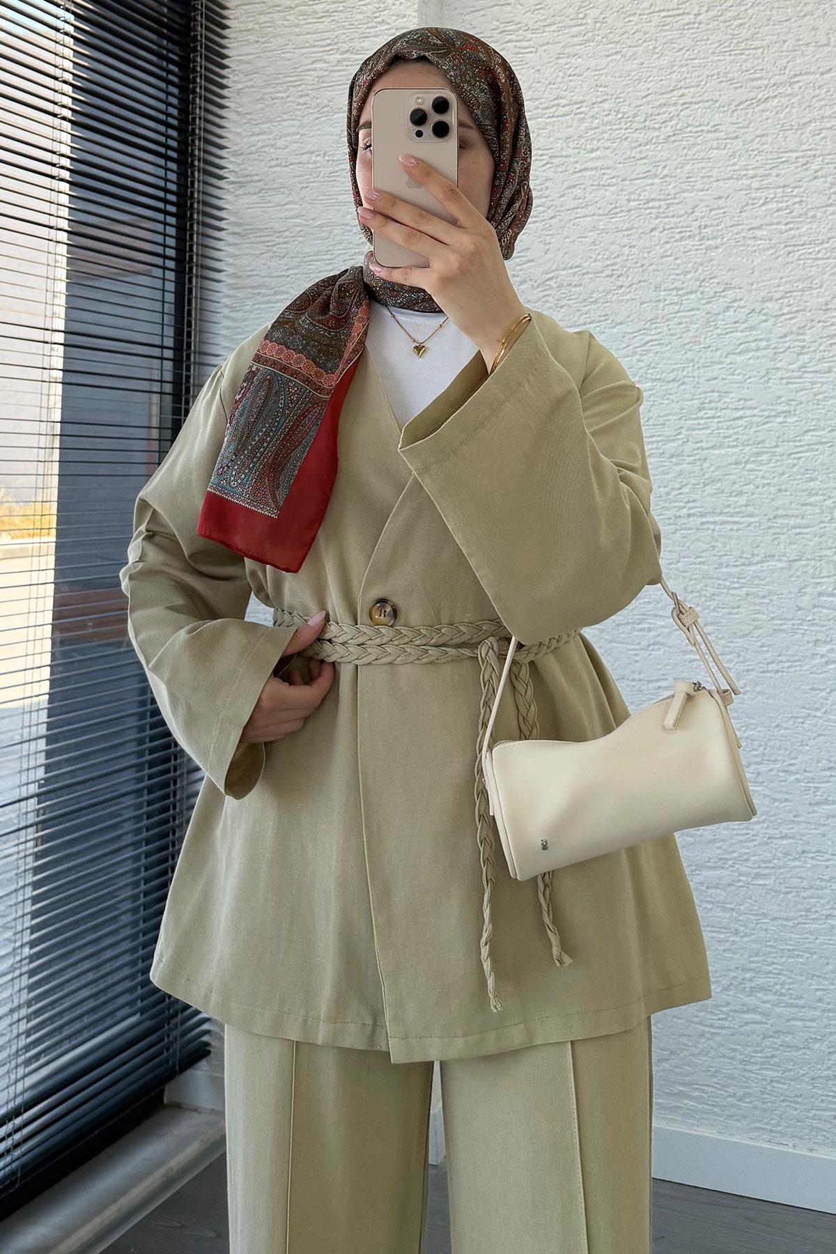 Örgü Kemerli Keten Kimono Takım - Küf Yeşili