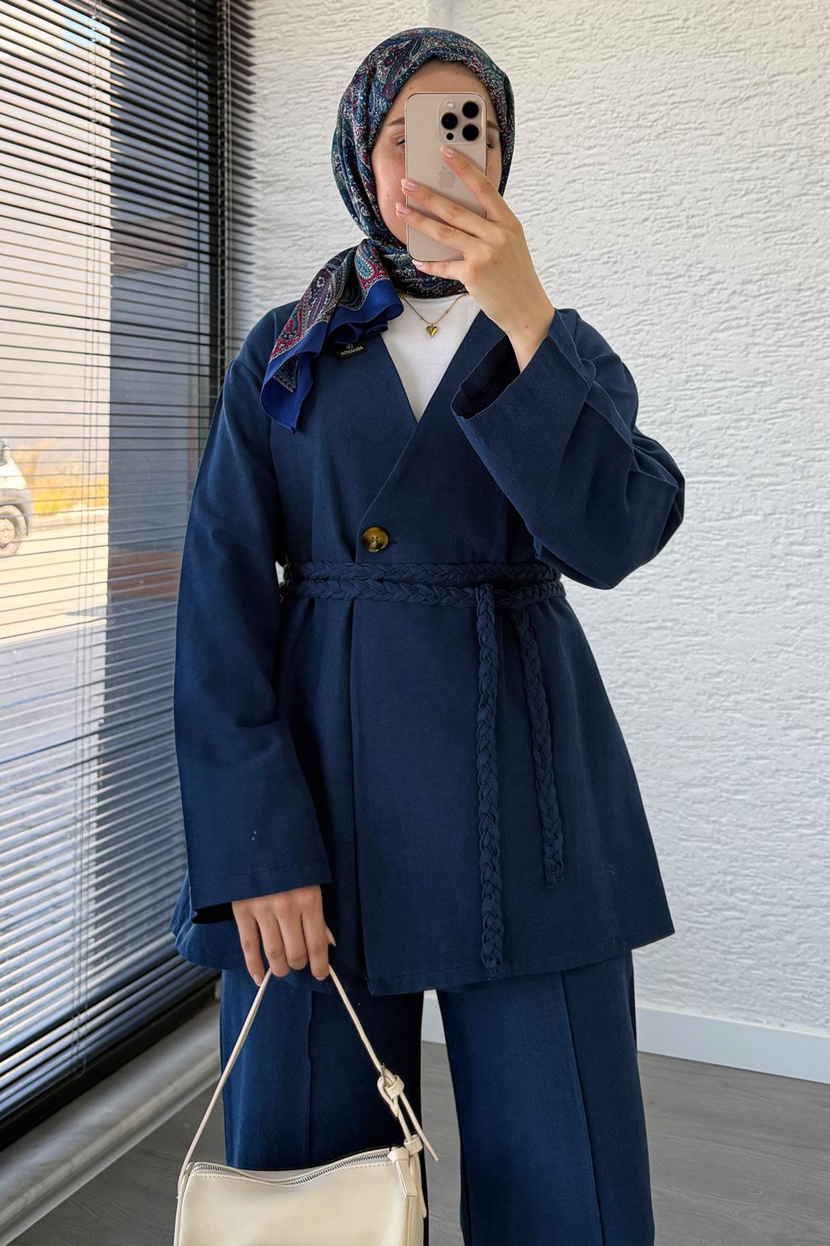Örgü Kemerli Keten Kimono Takım - Lacivert