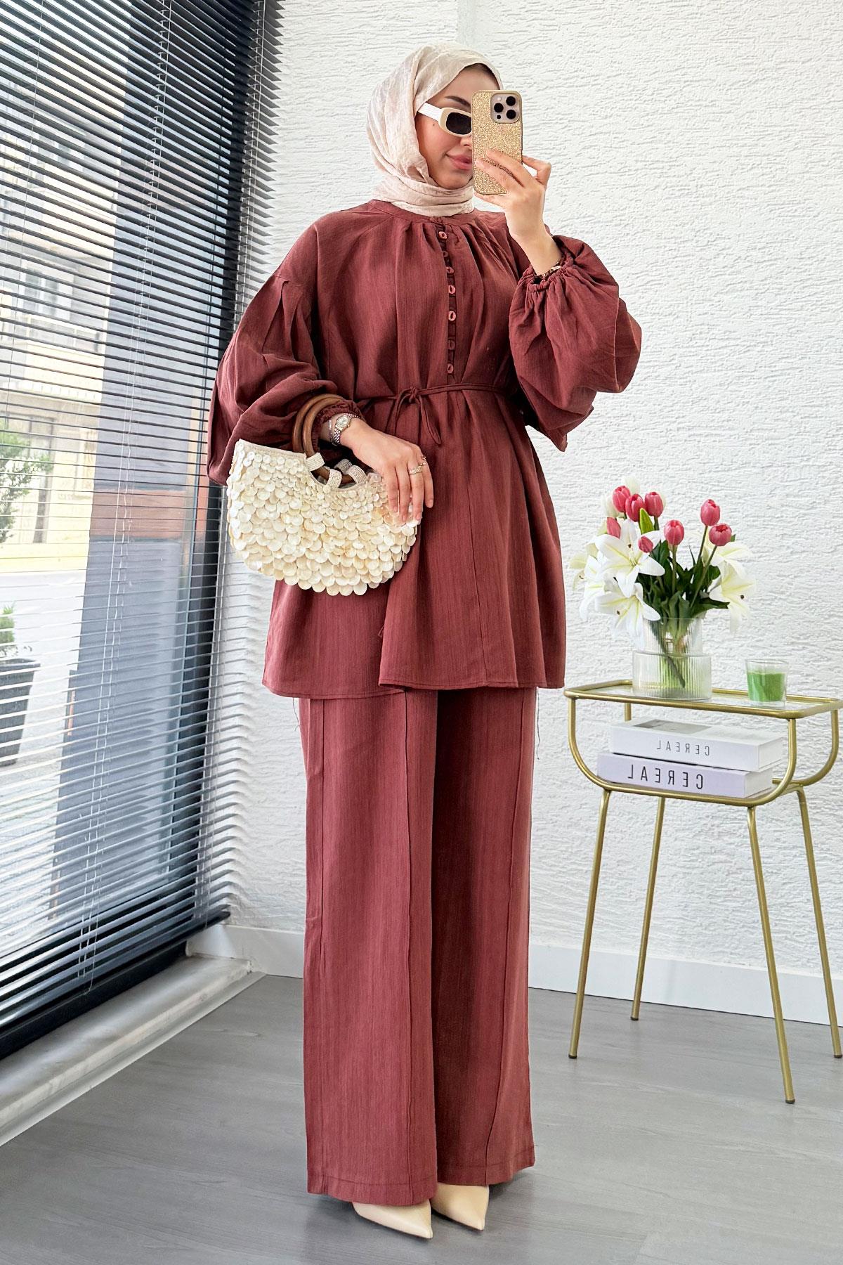 Oversize Birit Düğmeli Keten Pantolon Takım - Kiremit