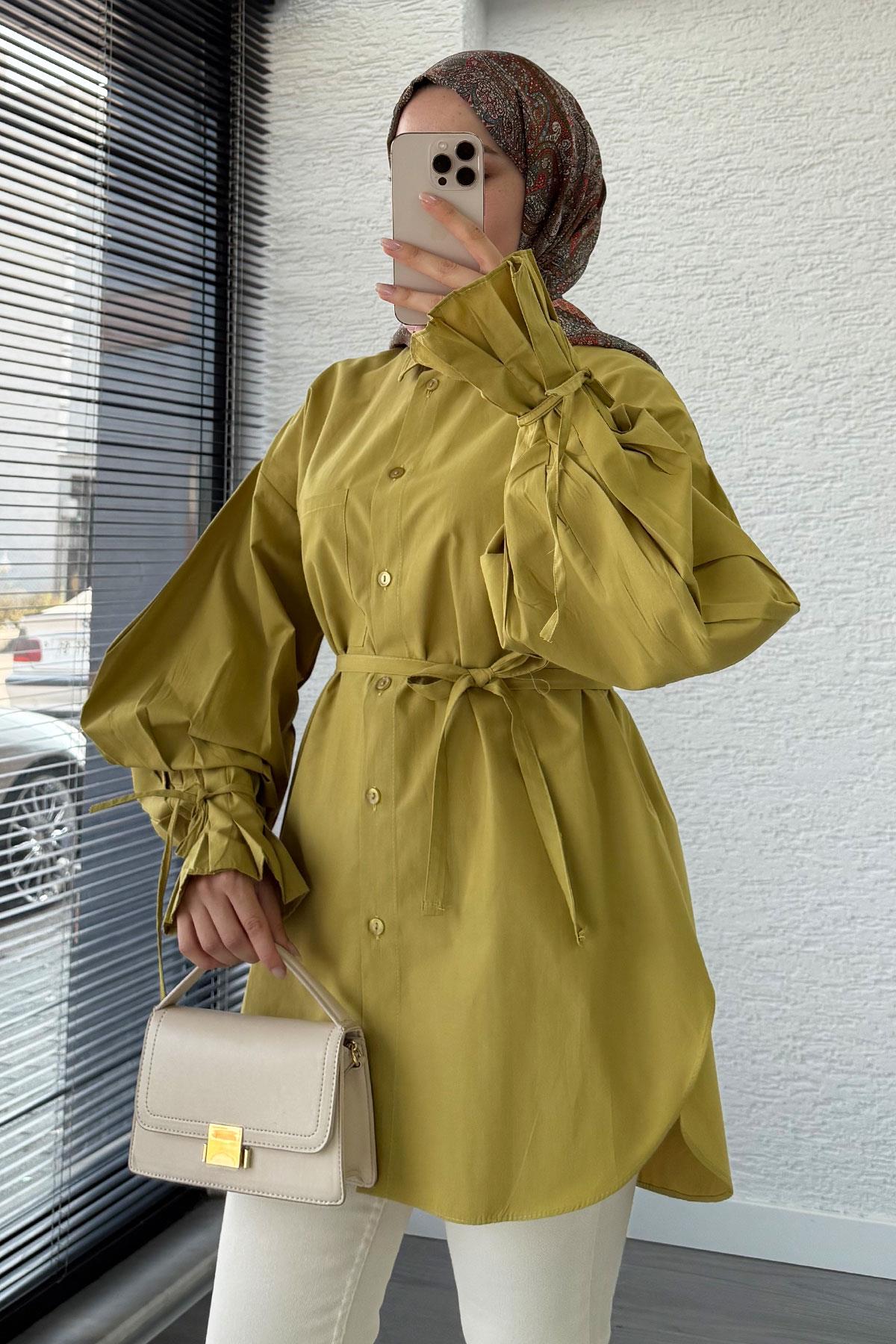 Oversize Kesim Bilek Detaylı Poplin Tunik - Yağ Yeşili