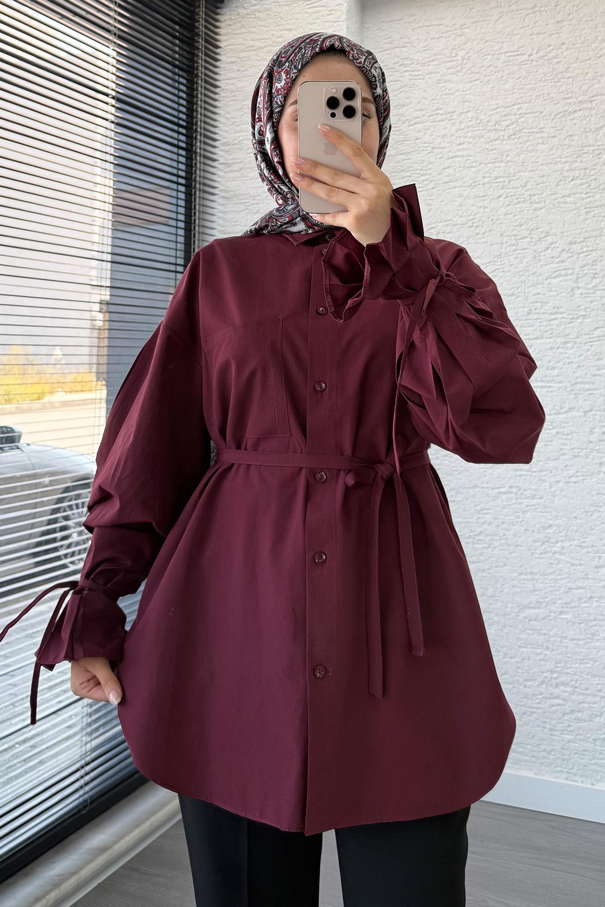 Oversize Kesim Bilek Detaylı Poplin Tunik - Bordo