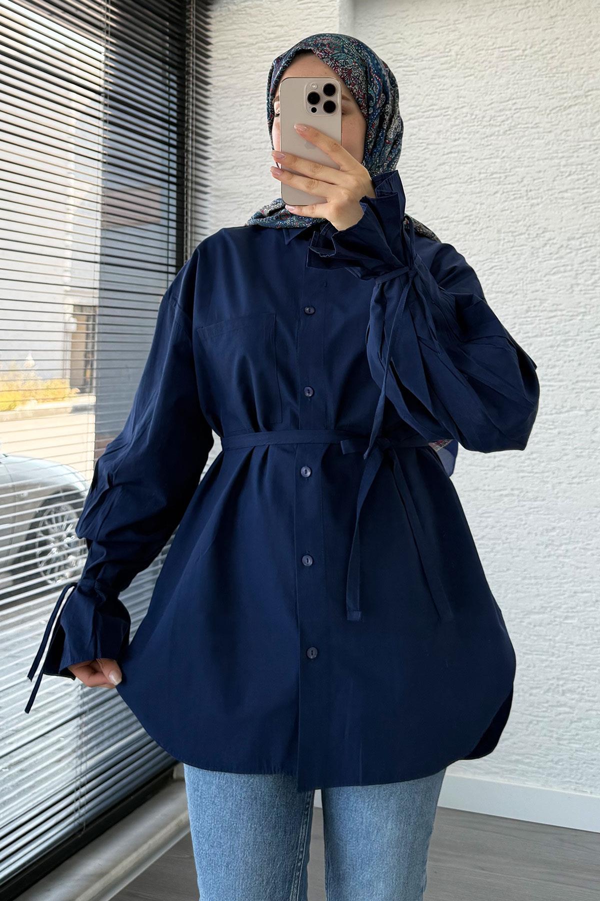 Oversize Kesim Bilek Detaylı Poplin Tunik - Lacivert