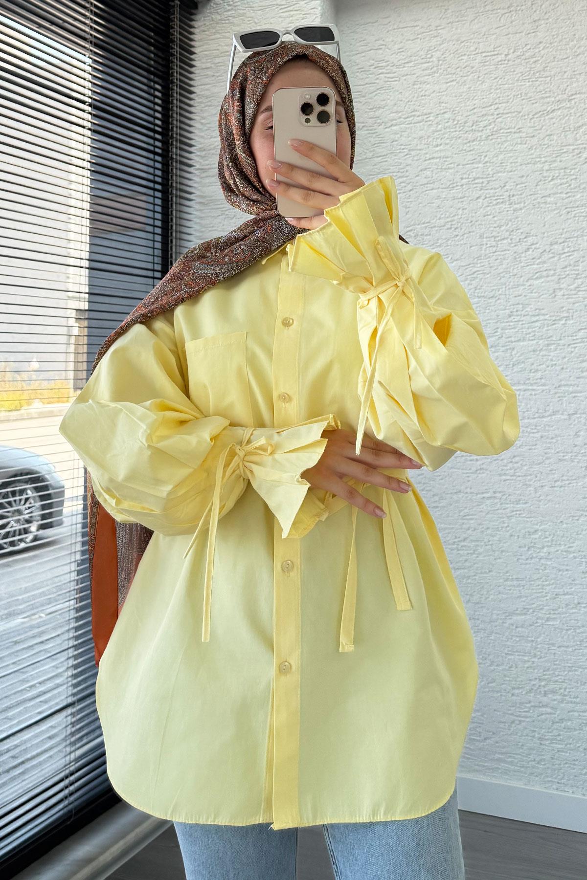 Oversize Kesim Bilek Detaylı Poplin Tunik - Sarı