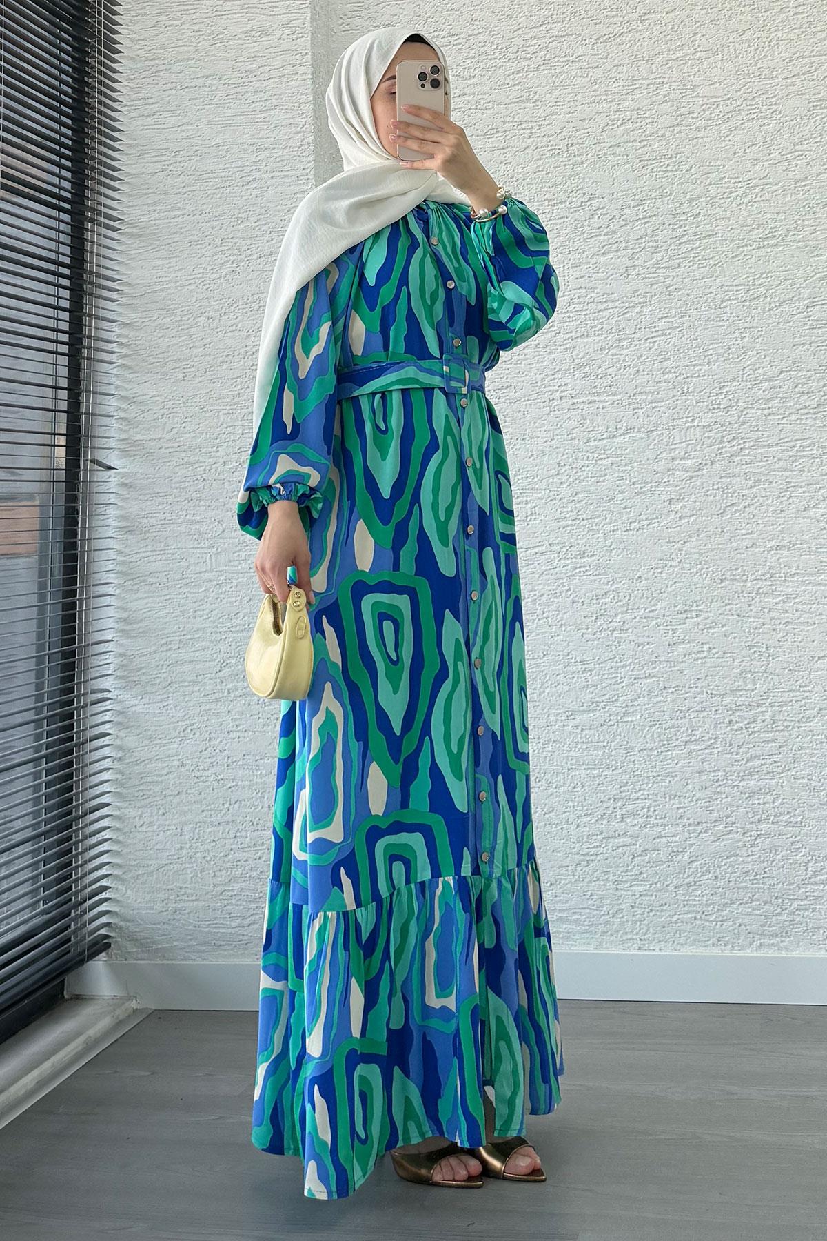 Pastel Desen Kemerli Viskon Elbise-Mavi