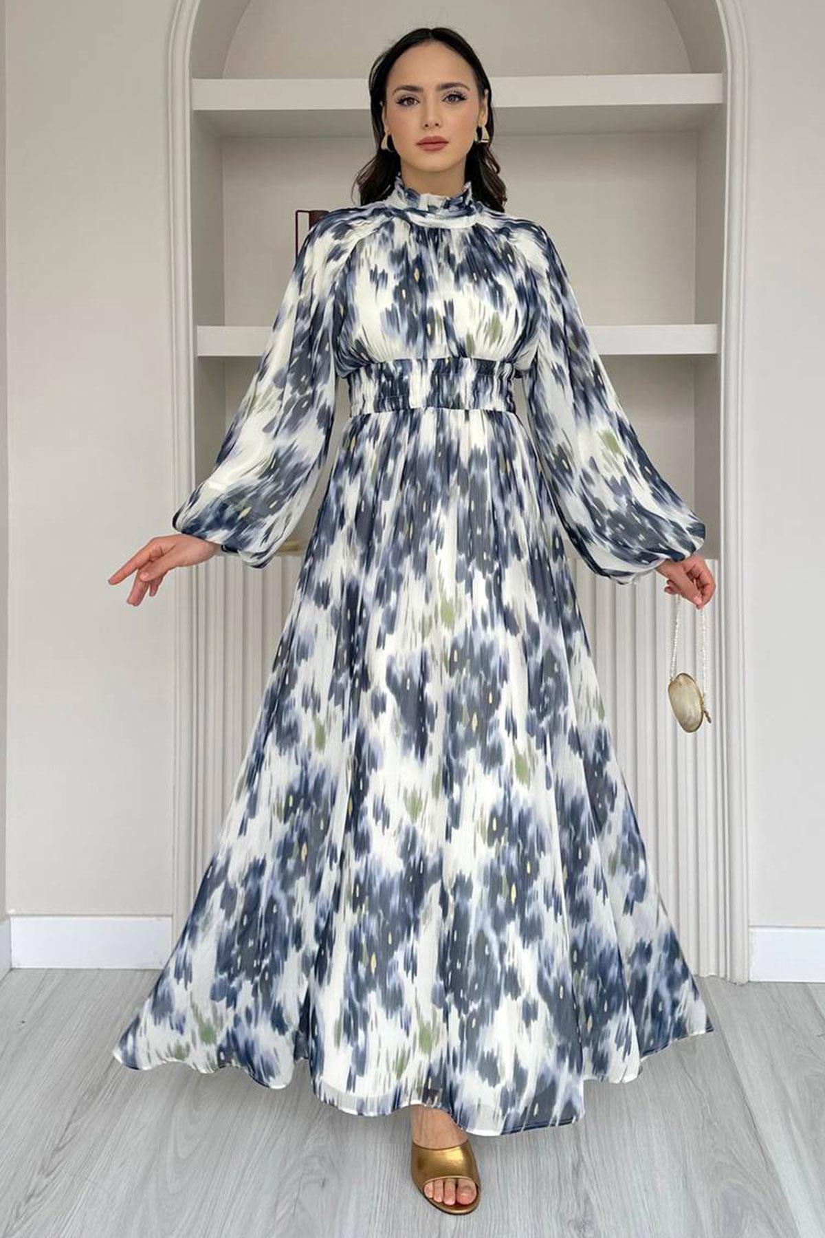 Pastel Desen Şifon Elbise-Lacivert