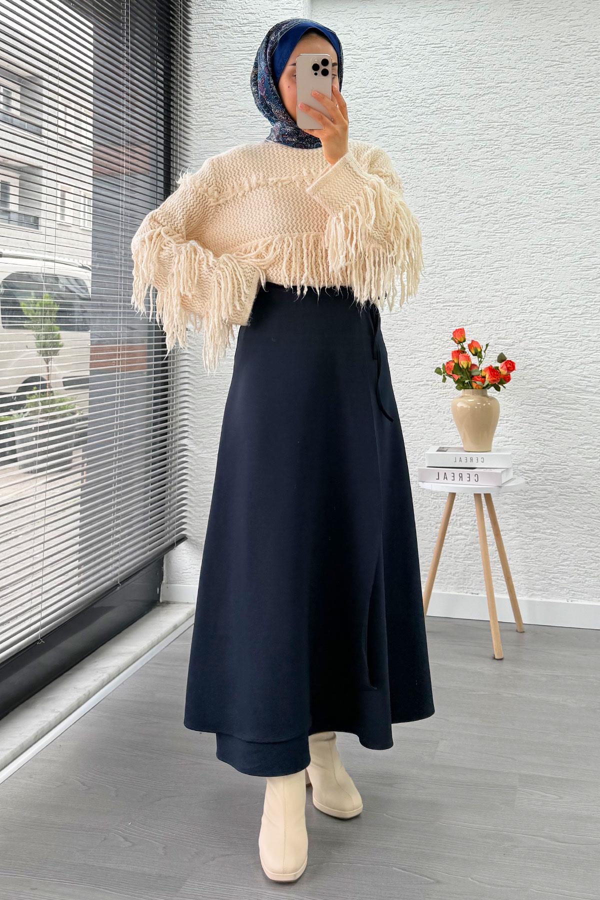 Pelerin Detaylı Yandan Bağlamalı Kloş Scuba Etek – Lacivert