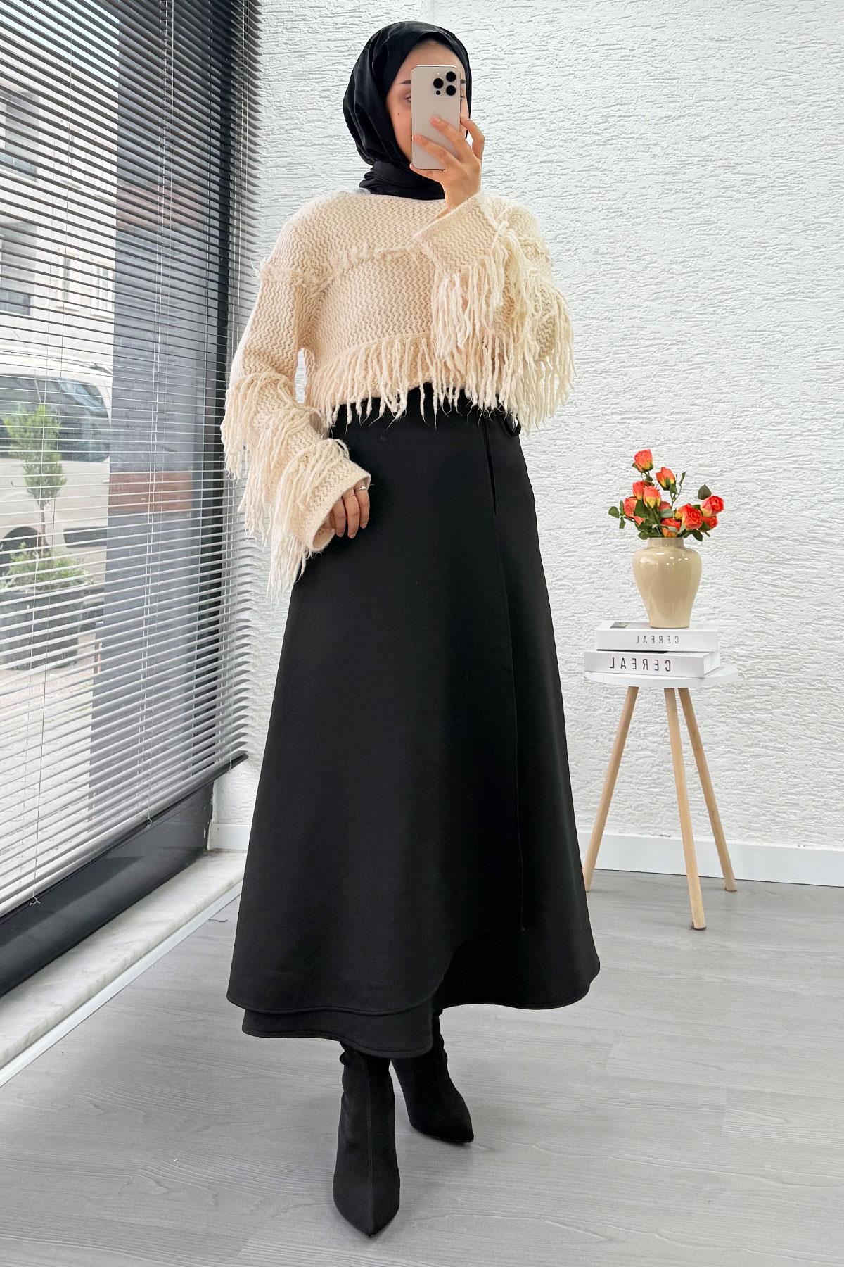 Pelerin Detaylı Yandan Bağlamalı Kloş Scuba Etek – Siyah