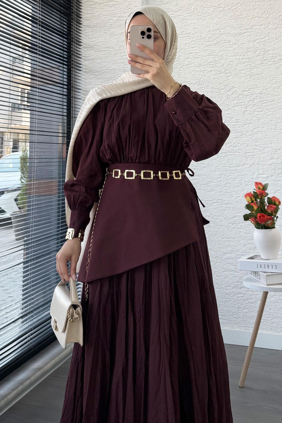 Pelerin Kemerli Vual Crush Elbise - Bordo