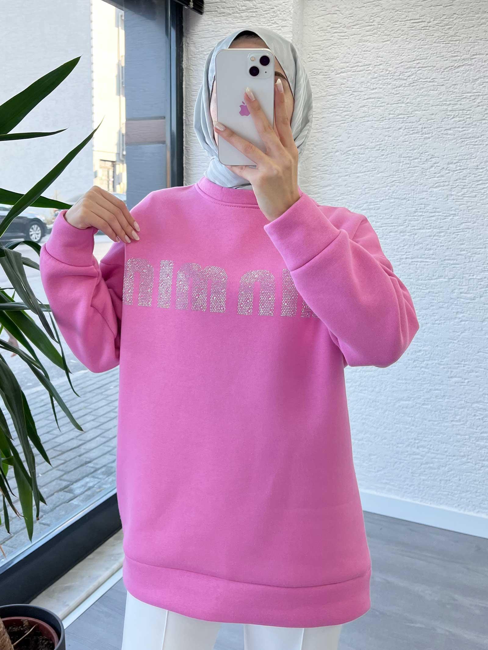 Pembe Kadın Jardonlu Sweatshirt