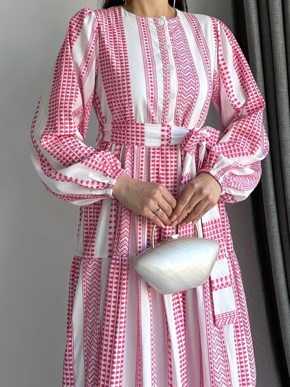 Pembe Önü Düğmeli Çizgi Detay Elbise 