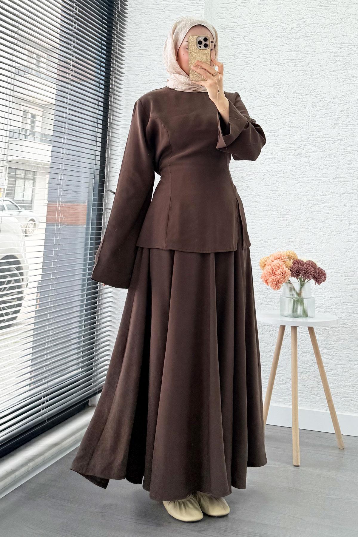 Pinterest Soft Line Yırtmaç Detaylı Etek Takım - Kahverengi