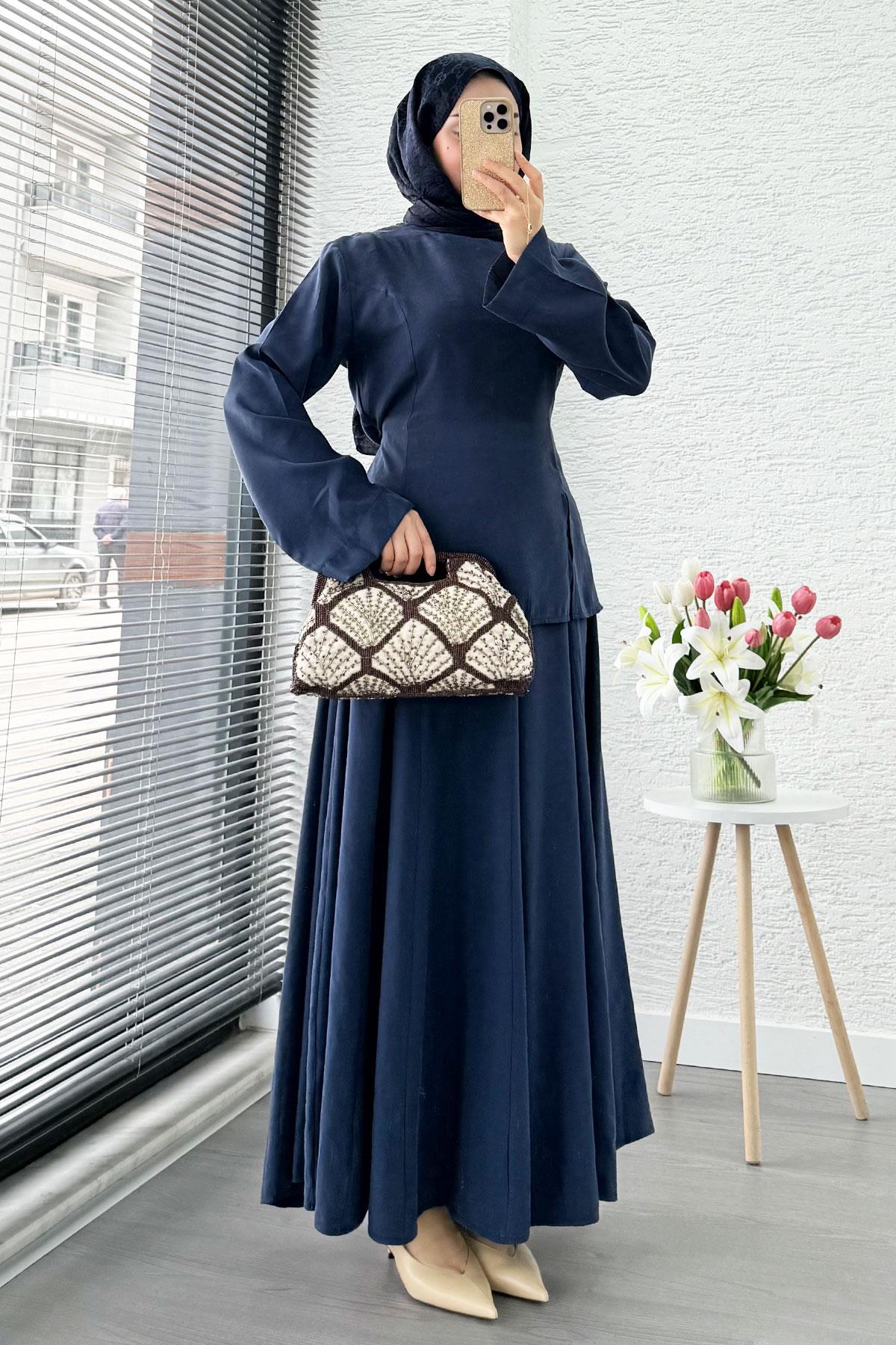 Pinterest Soft Line Yırtmaç Detaylı Etek Takım - Lacivert