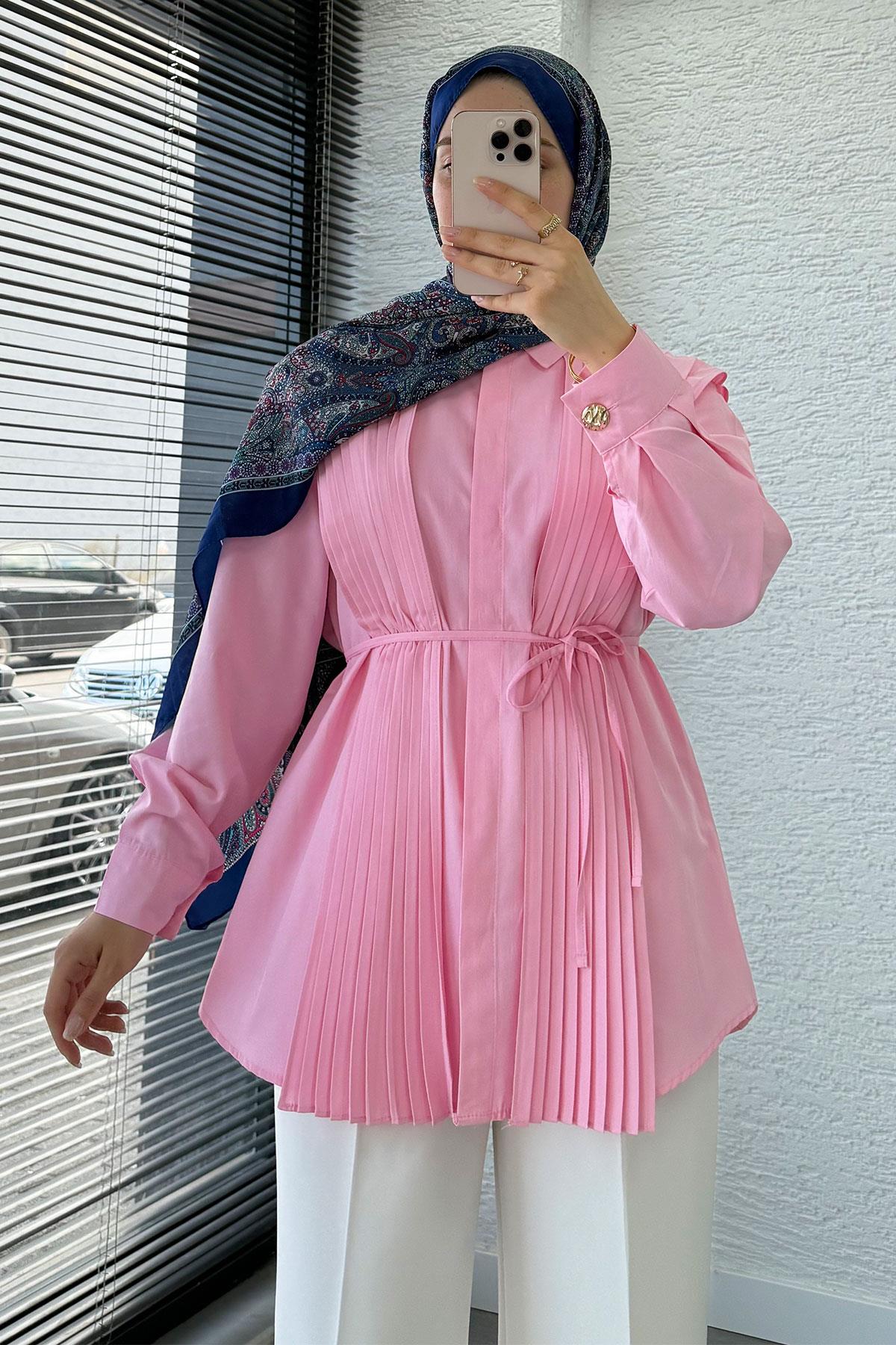 Pliseli Tasarım Poplin Tunik - Pembe