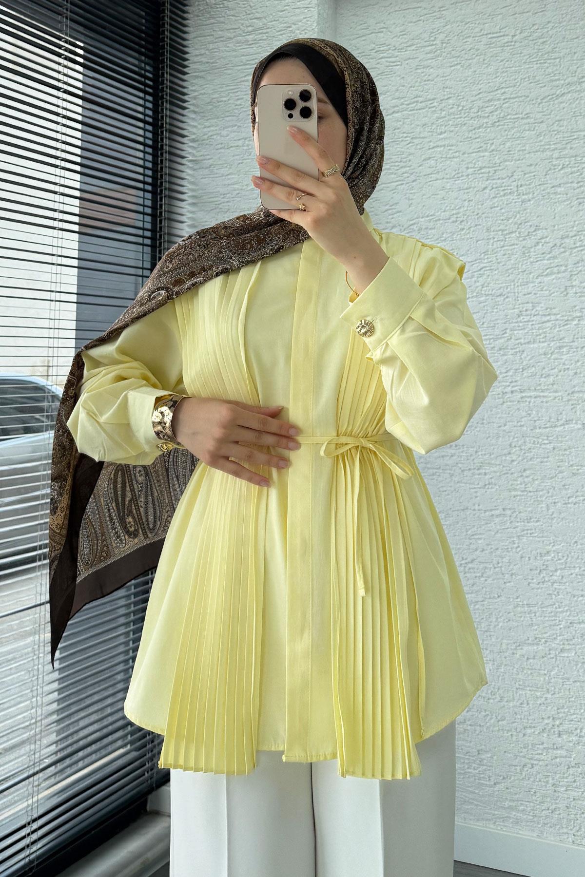 Pliseli Tasarım Poplin Tunik - Sarı