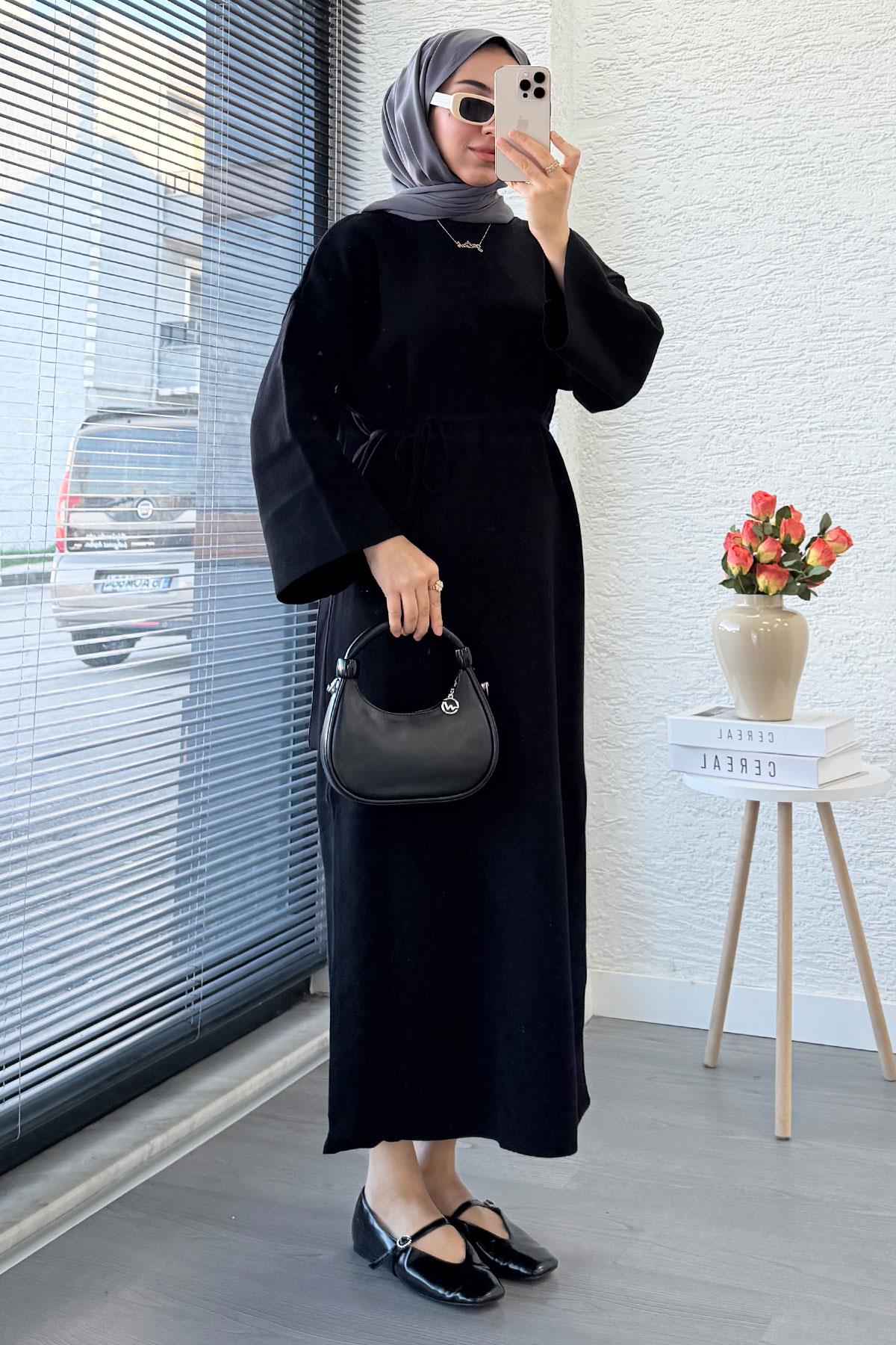 Premium Amore Çelik Örme Kuşaklı Triko Elbise - Siyah