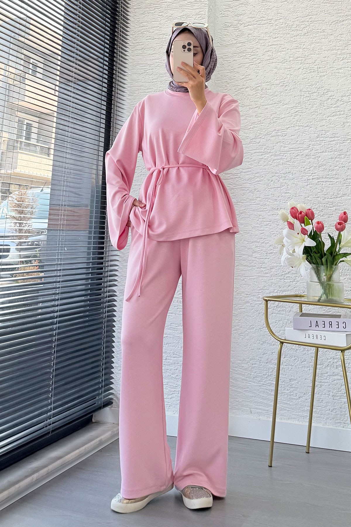 Premıum Asimetrik Kesim Double Face Takım - Pembe