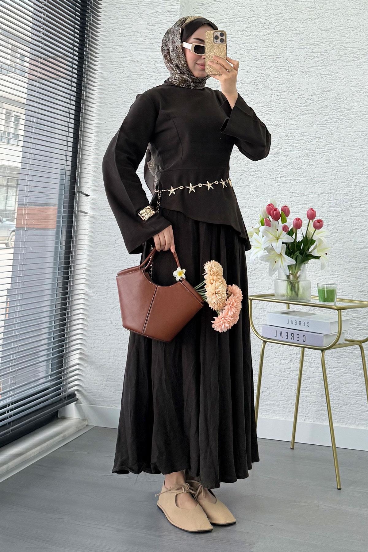 Premium Asimetrik Kesim Keten Etekli Takım - Acı Kahve