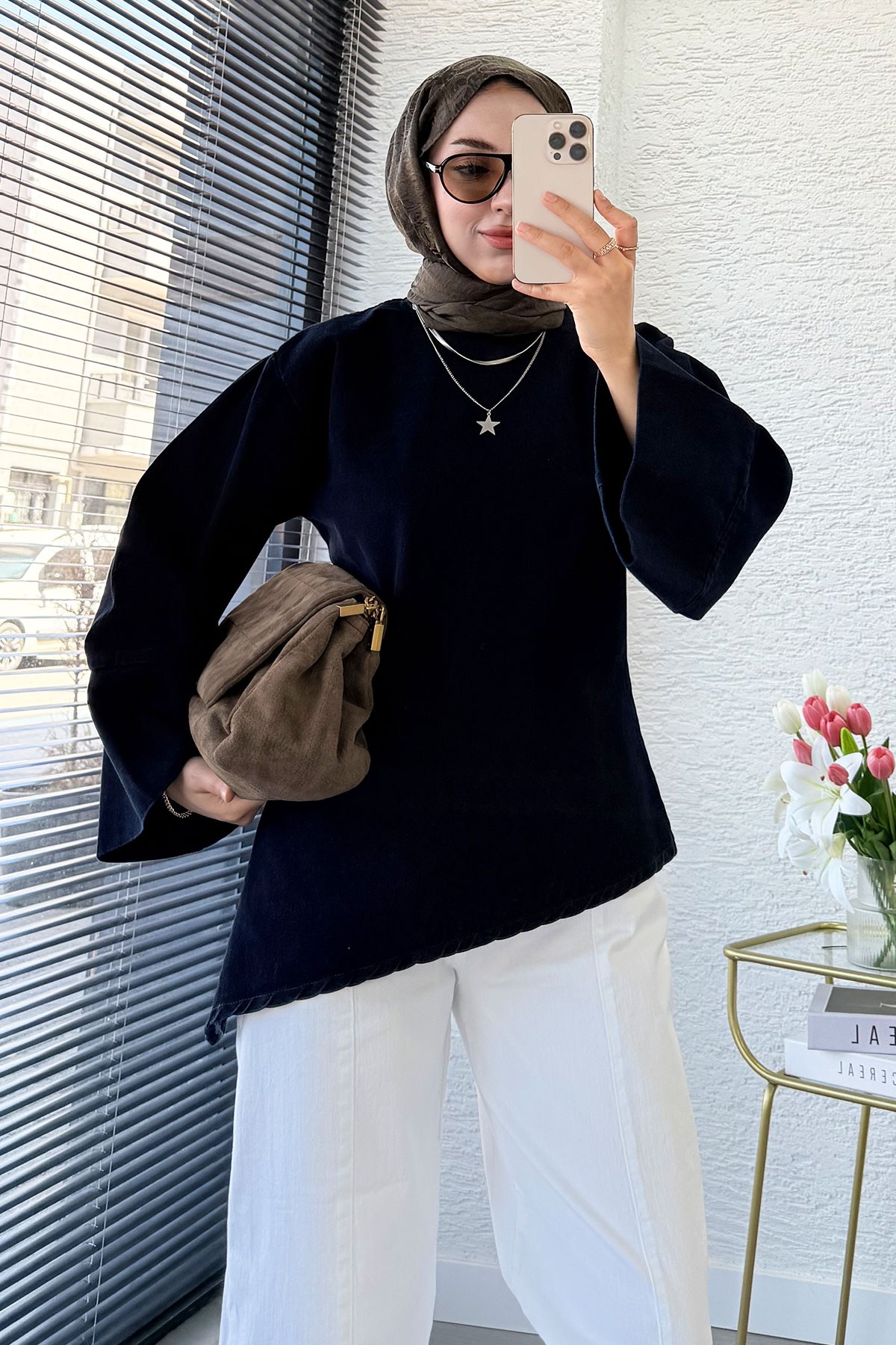Premium Asimetrik Kesim Yandan Yırtmaçlı Denim Bluz - Koyu Mavi