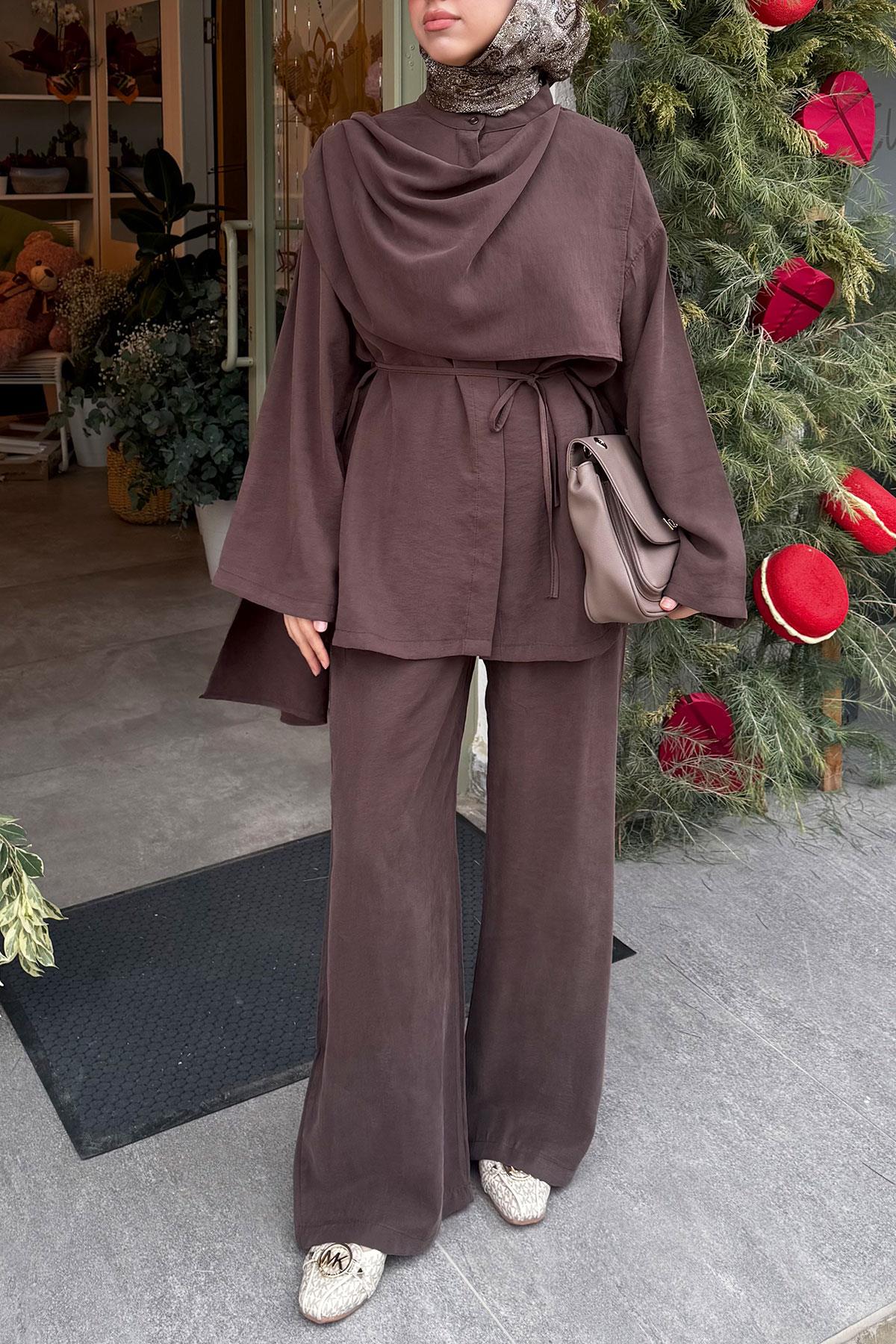 Premıum Atkı Detaylı Kemerli Kadın İkili Takım - Kahverengi