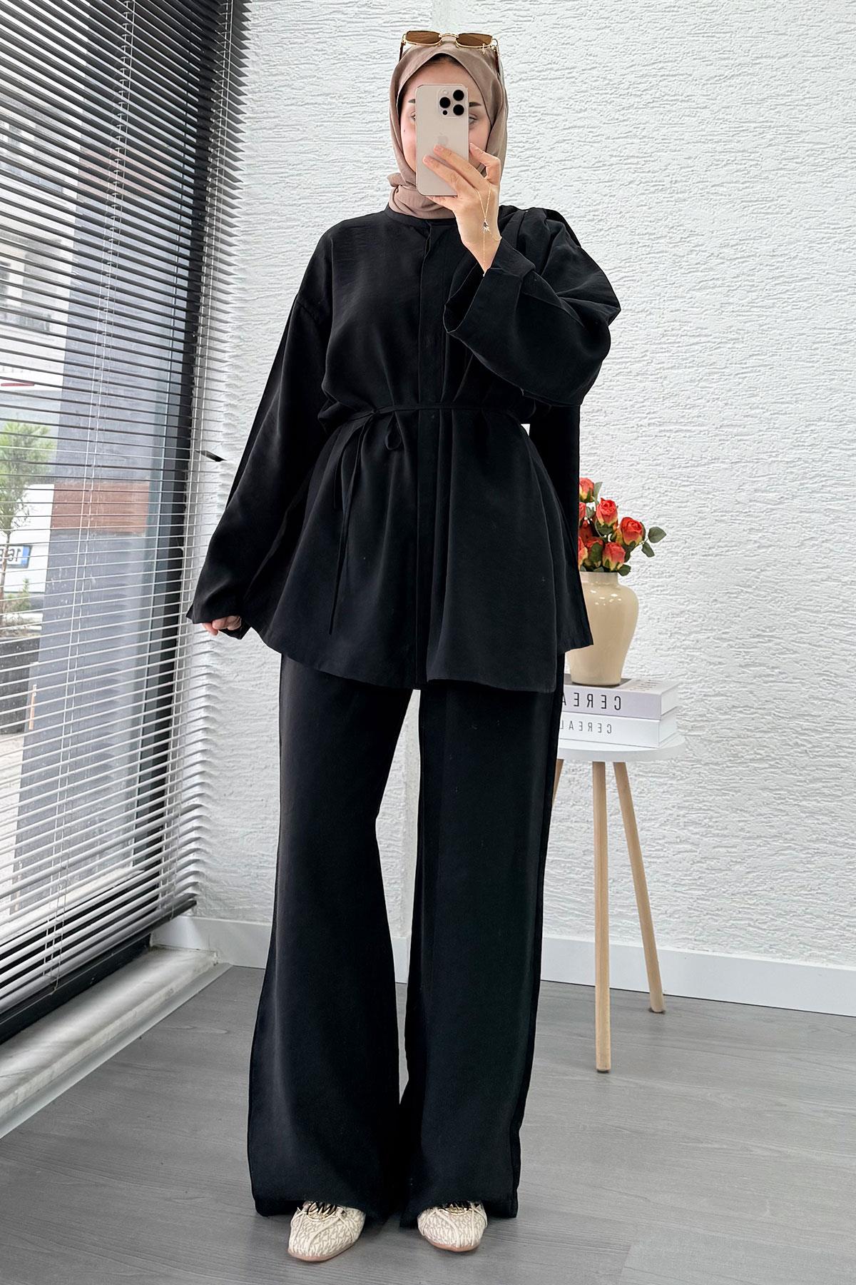 Premıum Atkı Detaylı Kemerli Kadın İkili Takım - Siyah