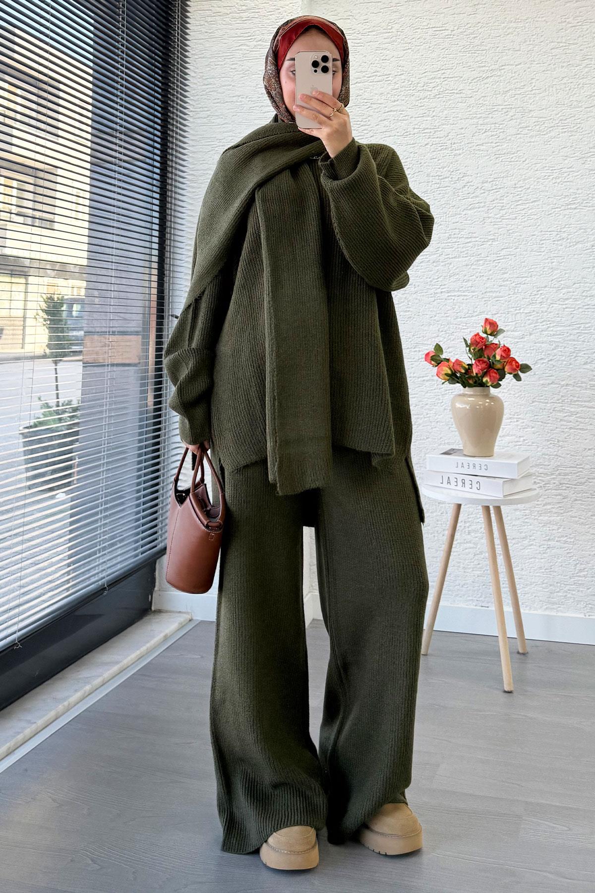 Premium Atkılı Kadın Triko Takım – Haki