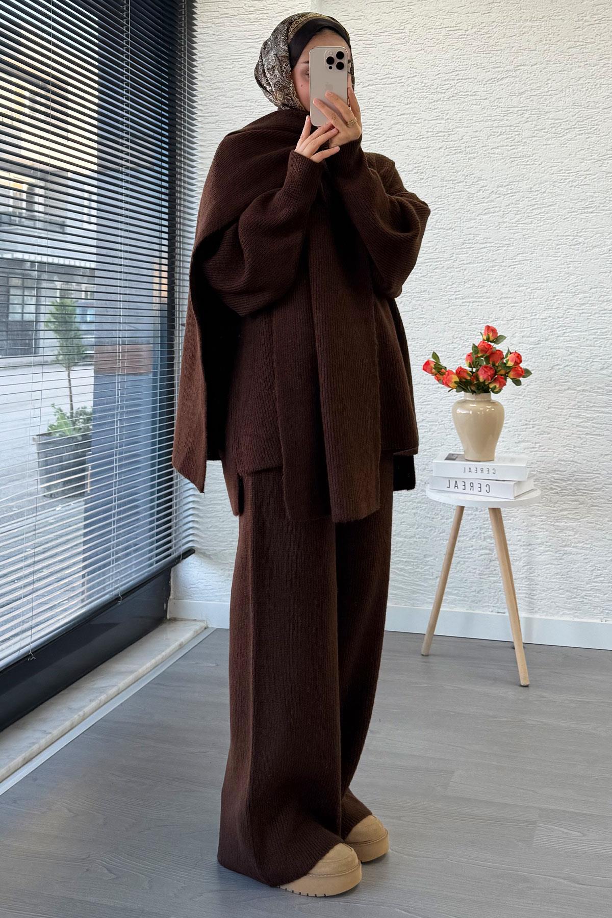 Premium Atkılı Kadın Triko Takım – Kahverengi