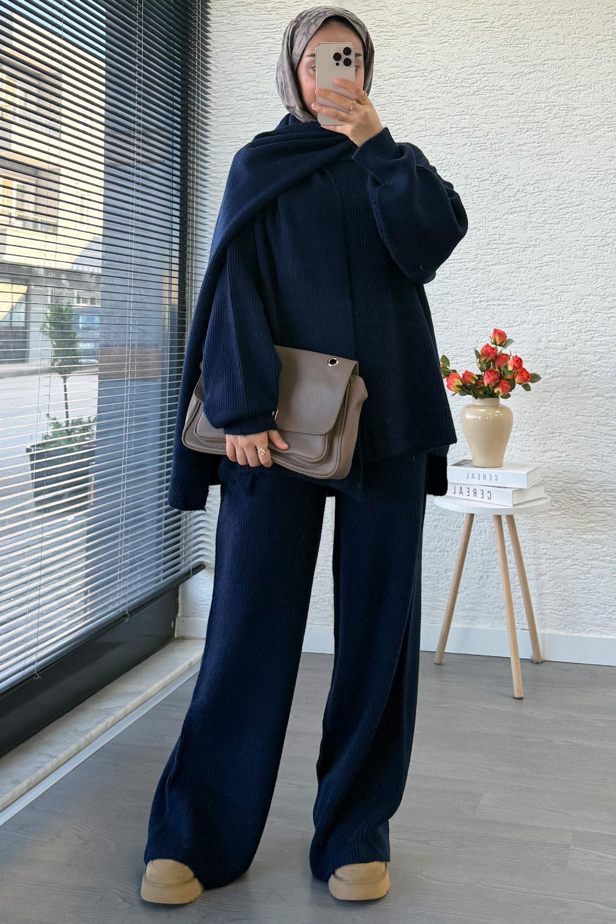 Premium Atkılı Kadın Triko Takım – Lacivert