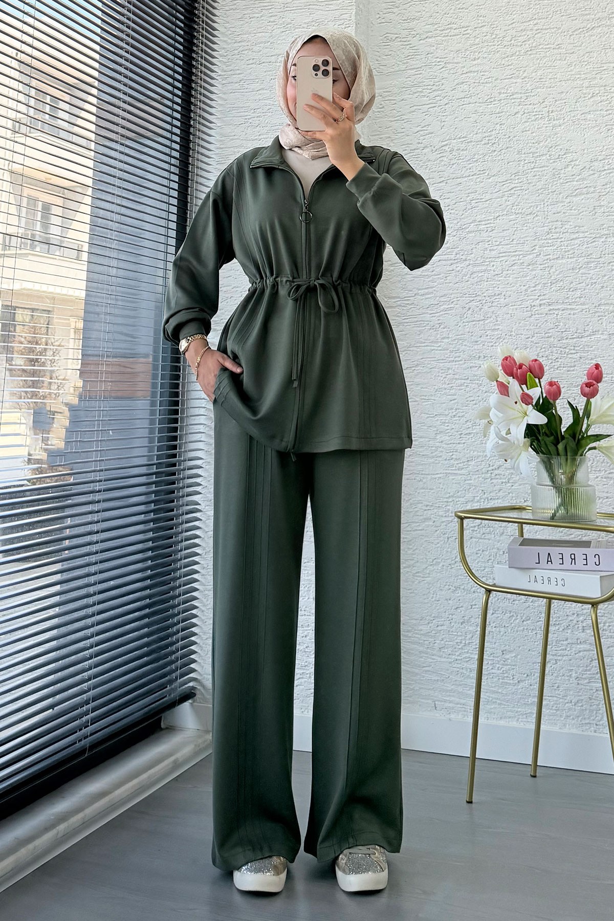 Premium Bel Büzgülü Cima Detay Double Face Pantolon Takım - Haki